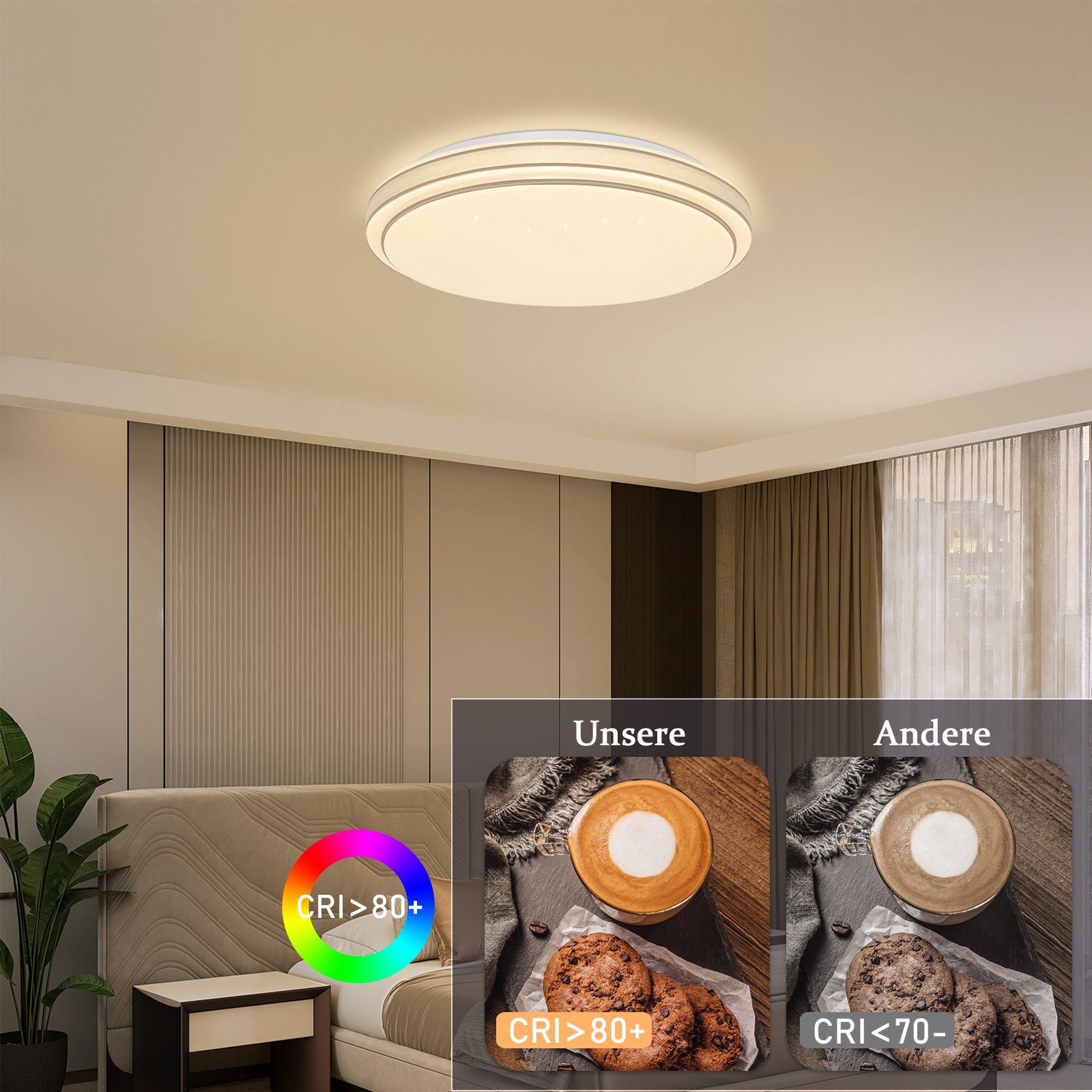 Schlafzimmerlampe LED fest Sternenhimmel Deckenleuchte ‎Weiß für integriert, ∅27cm, LED Flimmerfrei, Rund ZMH Wohnzimmer, Modern
