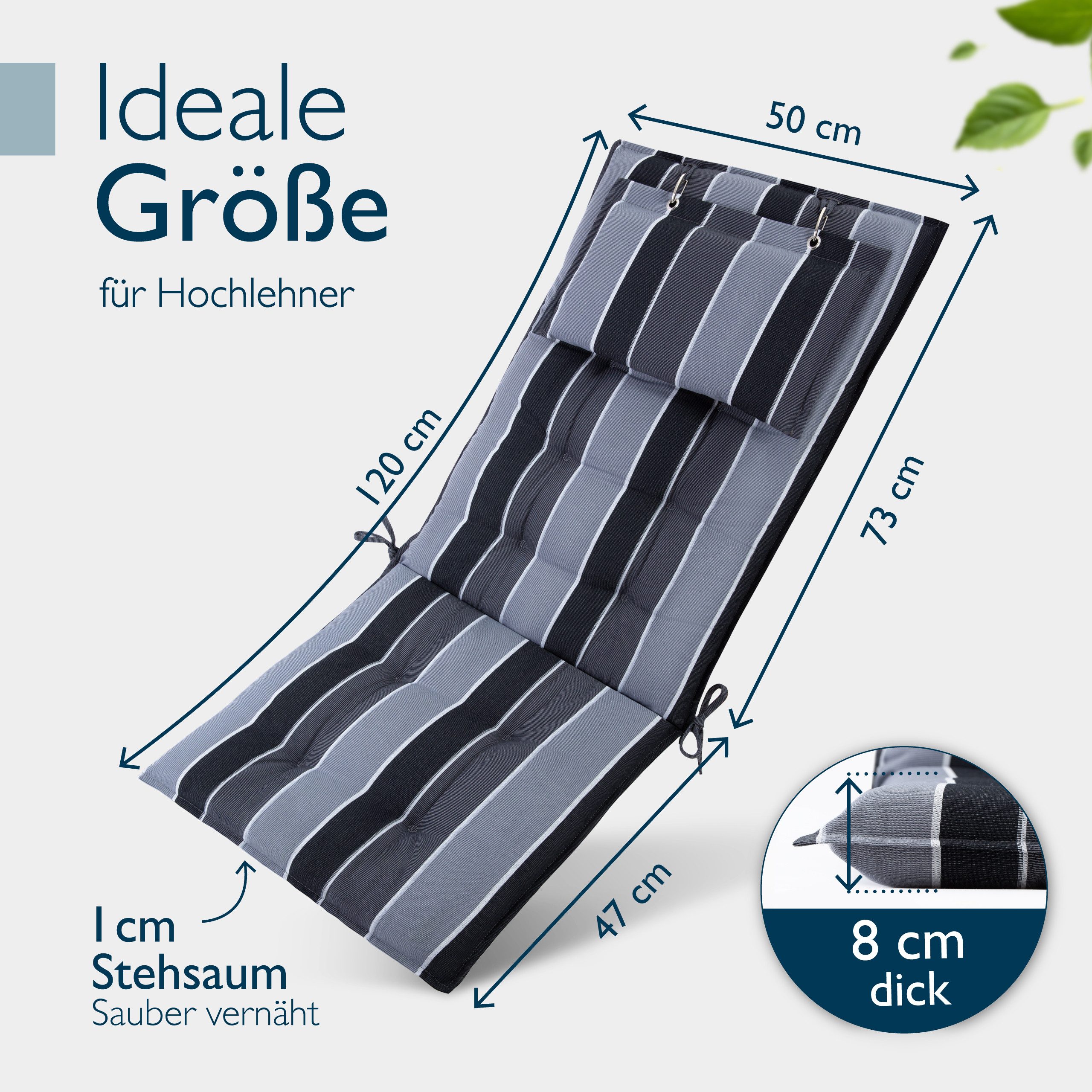 Beautissu Hochlehnerauflage Premium Hochlehner Auflage Kopfpolster Sun Sun-HL, 120x50cm, Anthrazit, 8cm Dicke Gartenstuhlauflage mit Befestigung UV-Lichtechtheit 5