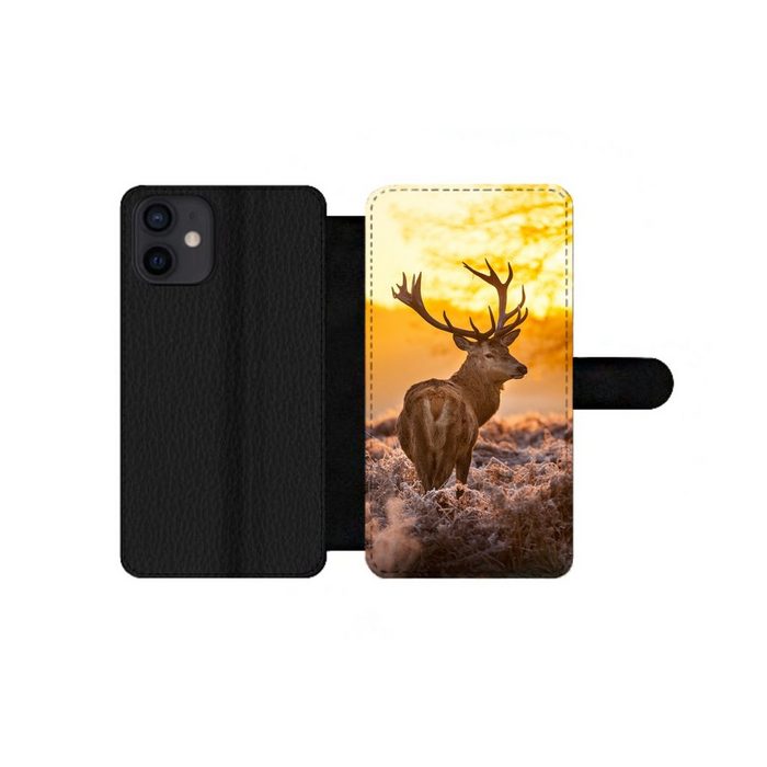 MuchoWow Handyhülle Hirsche - Tiere - Sonnenuntergang - Winter - Heidekraut - Natur Handyhülle Telefonhülle Apple iPhone 12 Mini