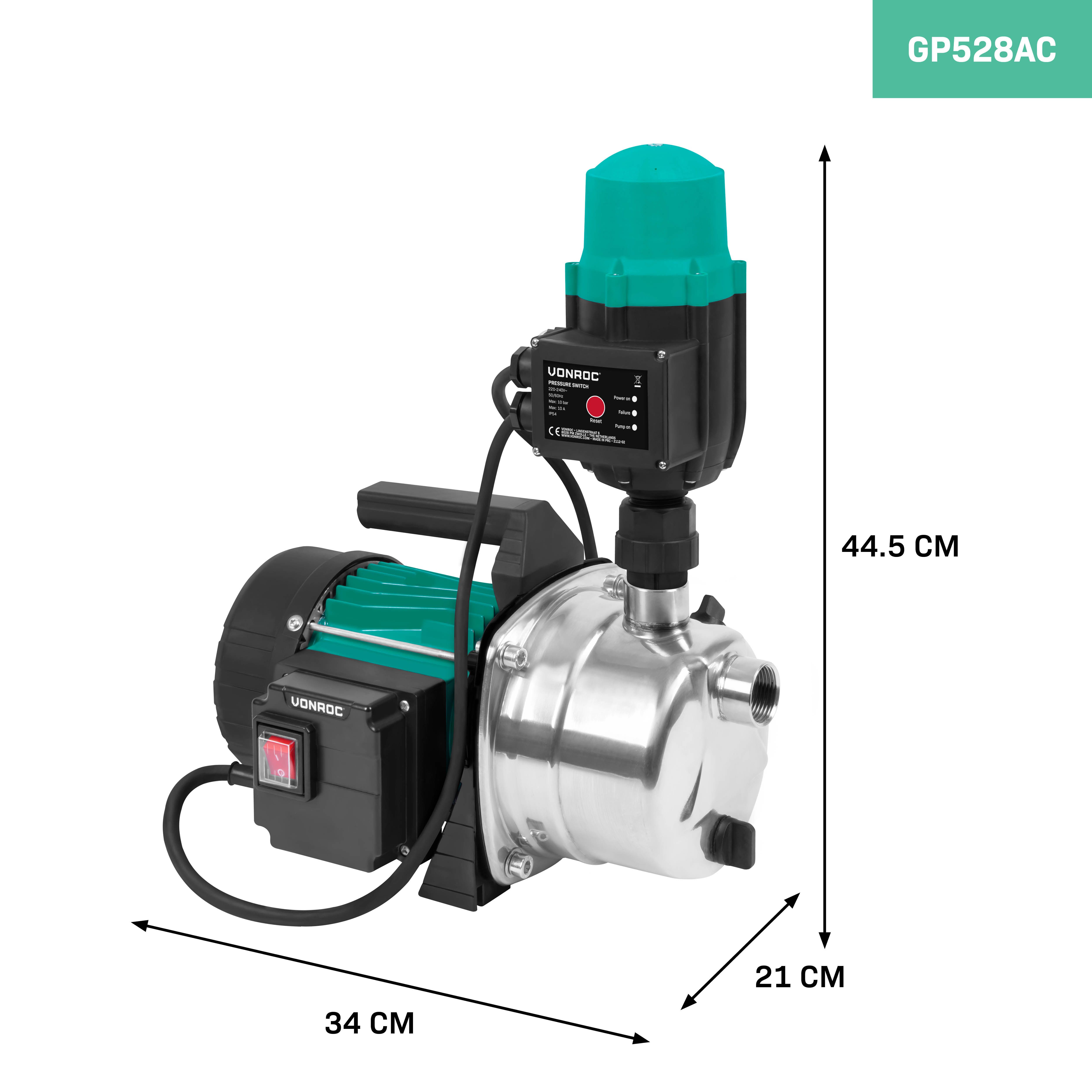 VONROC Gartenpumpe Automatische Wasserpumpe (Hydrophorpumpe mit Druckschalter – Trockenlaufschutzmit, 1000W, 3500l/h, 4,4bar), Zur Bewässerung des Gartens/Rasens