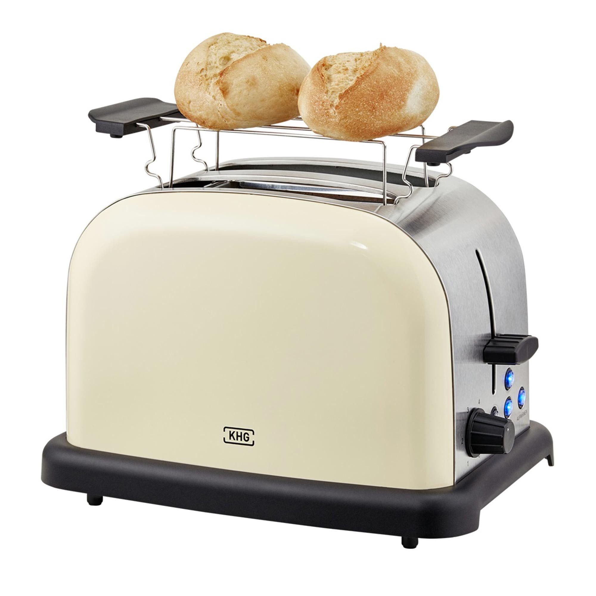 KHG Toaster Creme, Auftau- und Aufwärmfunktion, 6 Bräunungsstufen, 2 kurze Schlitze, für 2 Scheiben, 1000 W, Brötchenaufsatz, Krümelschublade, Bagel-Funktion