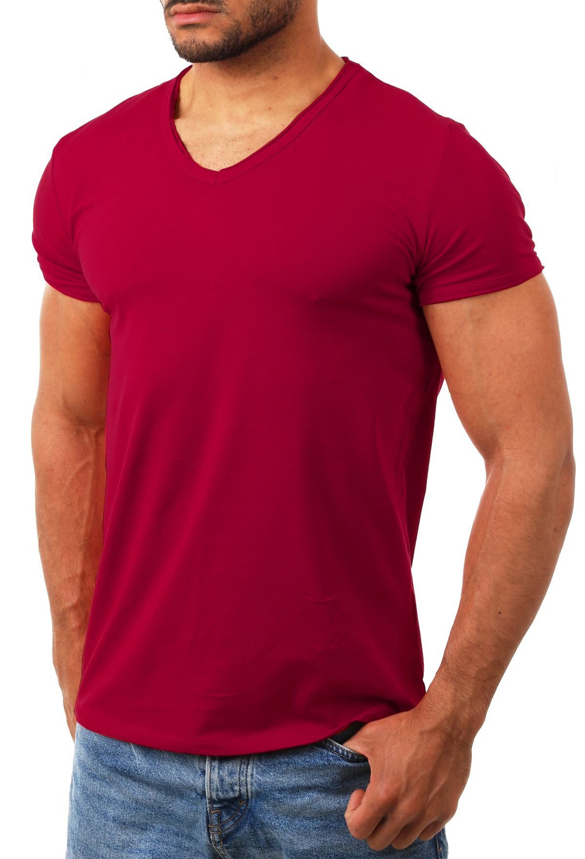 CARISMA T-Shirt Herren Uni Basic 4066 tief-breit geschnittener Ausschnitt vintage Look V-Ausschnitt unifarben kurzarm slim fit