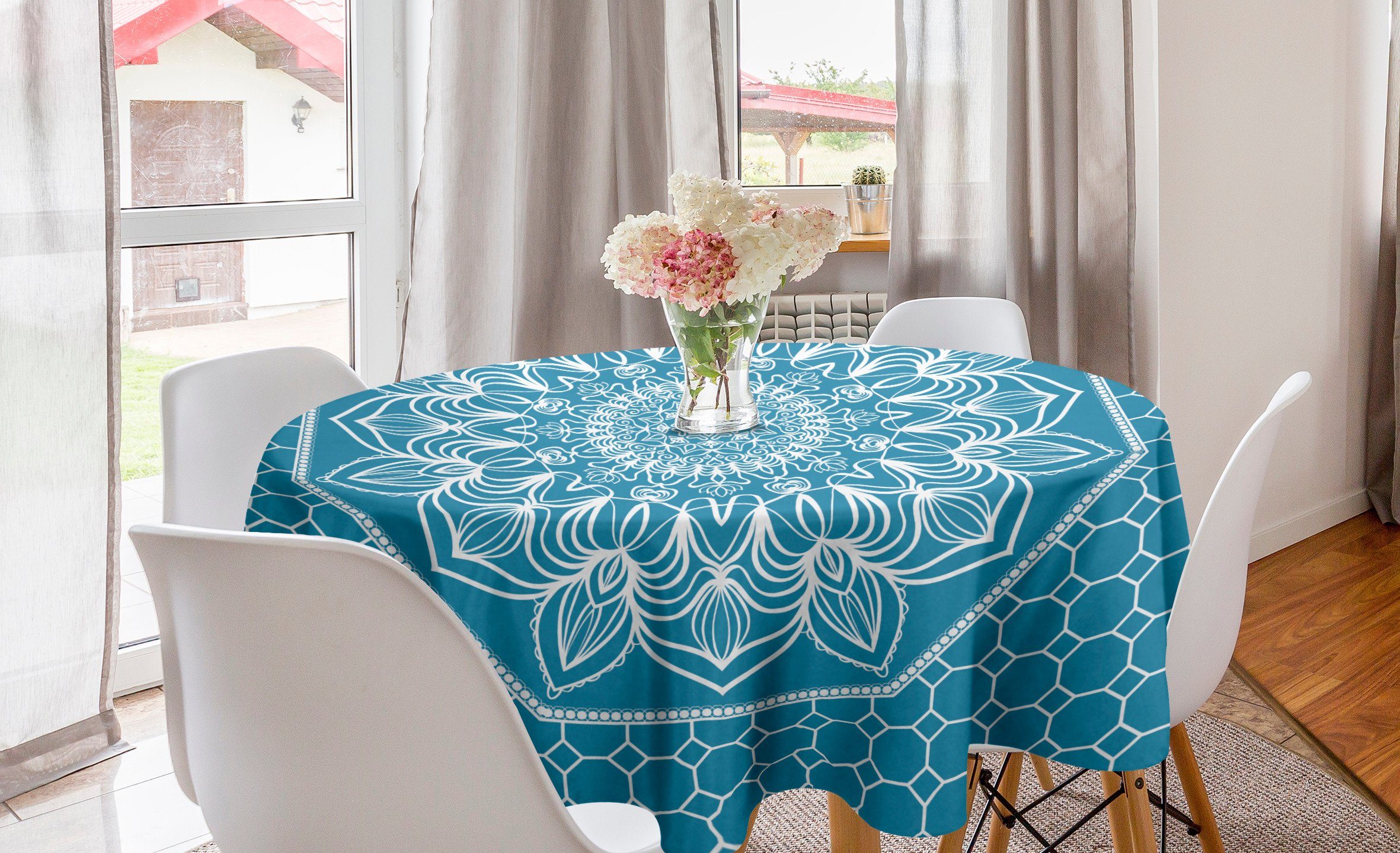 Abakuhaus Tischdecke Kreis Tischdecke Abdeckung für Esszimmer Küche Dekoration, Blauer Mandala Floral Filigrane Kunst