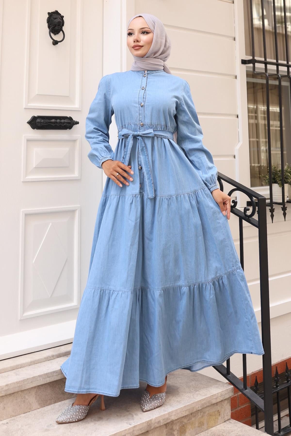 MODAMİHRAM Maxikleid Knopfleinenkleid - Hellblau 19263