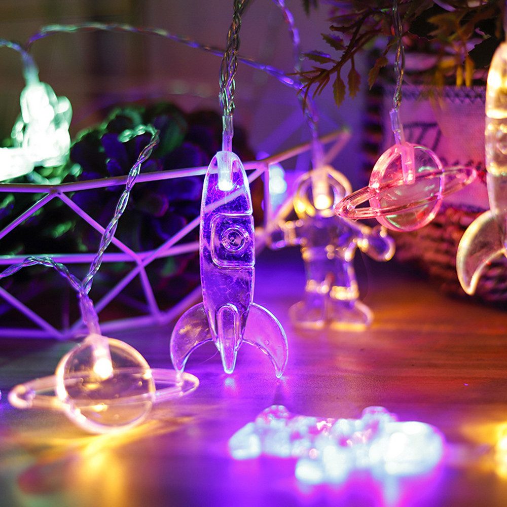 Qualra LED-Lichterkette 10/20LEDs Astronaut Rakete Raumschiff Lichterkette Weihnachtsdeko, 2/3M Batterie Weltall Geschenke für Kinder Schlafzimmer Party