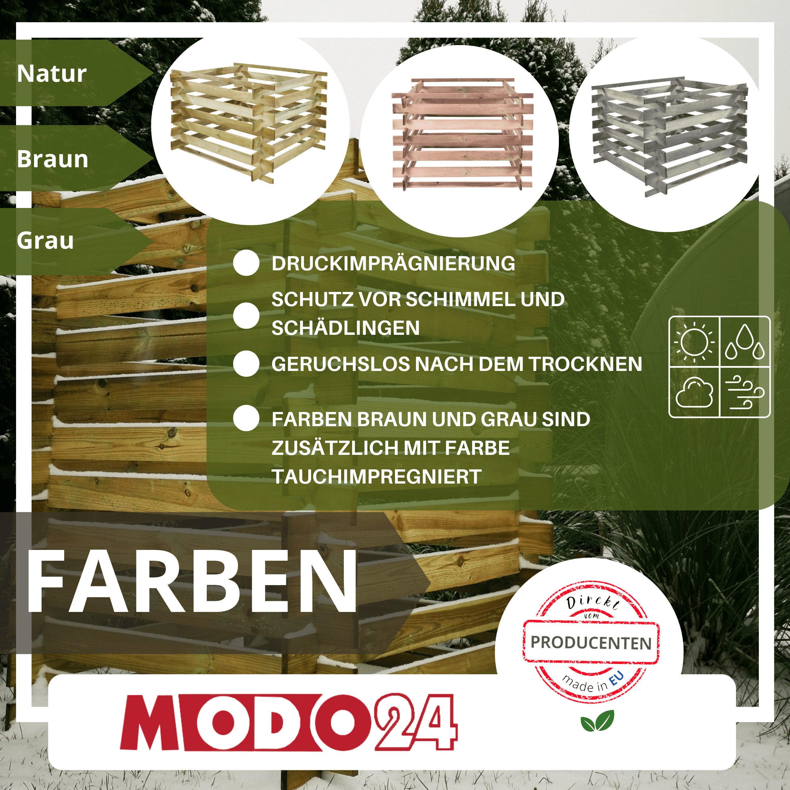 Modo24 Komposter Komposter KMP, Holzkomposter, Steckkomposter, Gartenkomposter, Druckimprägniert, Wetterfest, UV-beständig, Maulwurfgitter