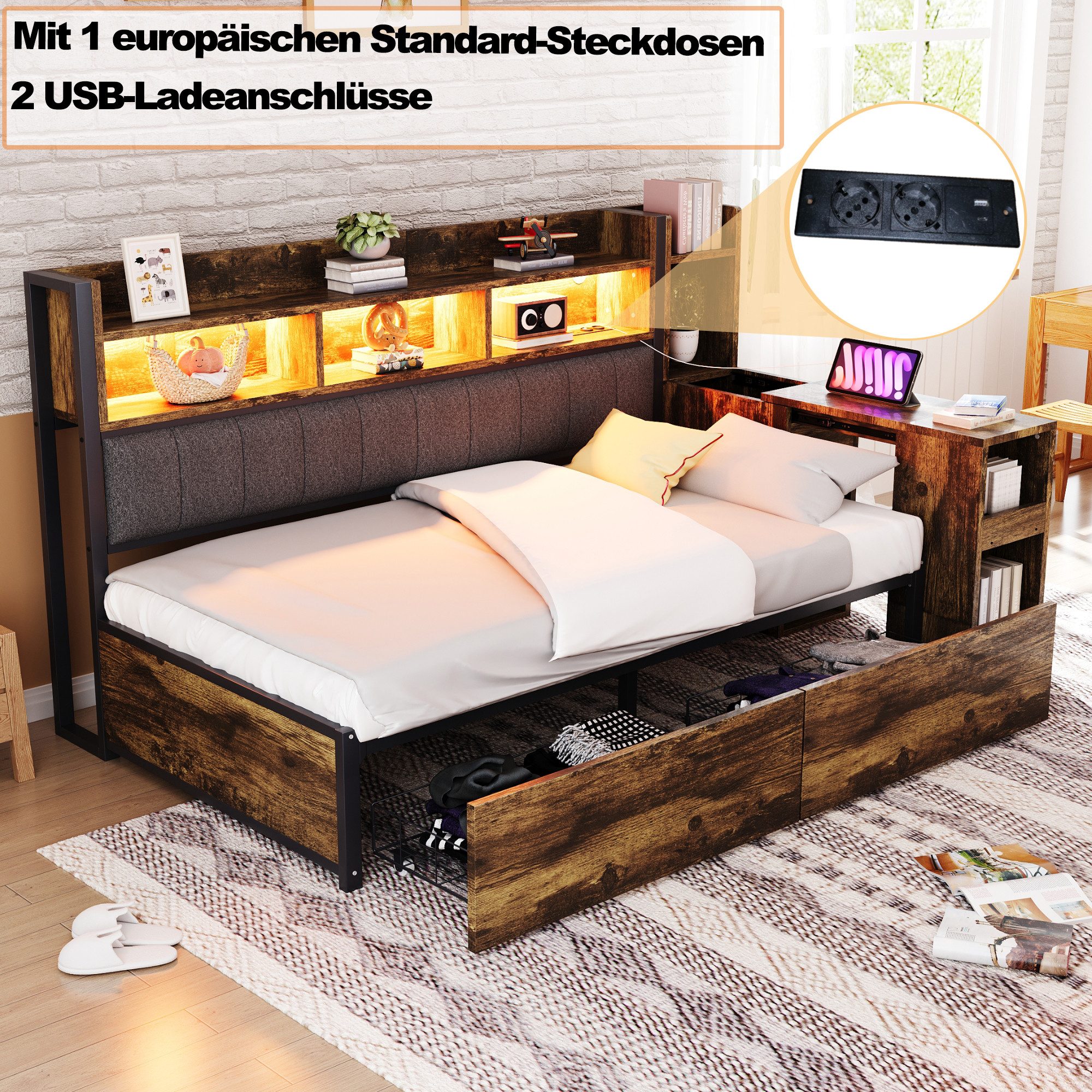 Odikalo Schlafsofa Schlafcouch 90x200 Metallbett mit Stauraum & LED, Eisen Sofabett 90x200 cm, Mit vielseitigen Staufächern & Schließfächern, multifunktionalen Steckdosen & LED-Beleuchtung, komplett mit großen Schubladen und einem ausziehbaren Schreibtisch Braun / Weiß