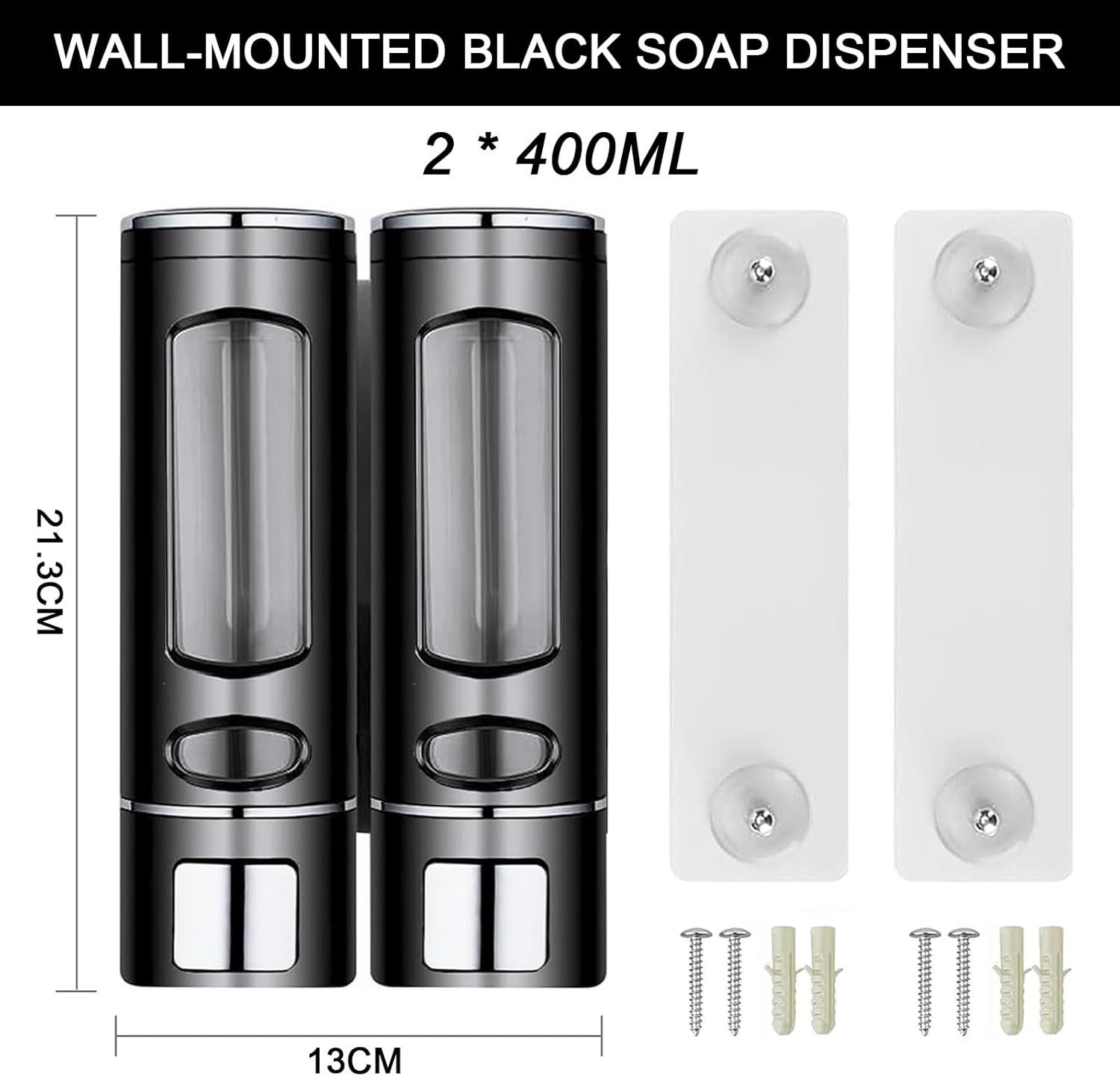 FELIXLEO Seifenspender Seifenspender Wand 2x400ML Shampoo Spender Ohne Bohren Schwarz – Bild 2 von 5
