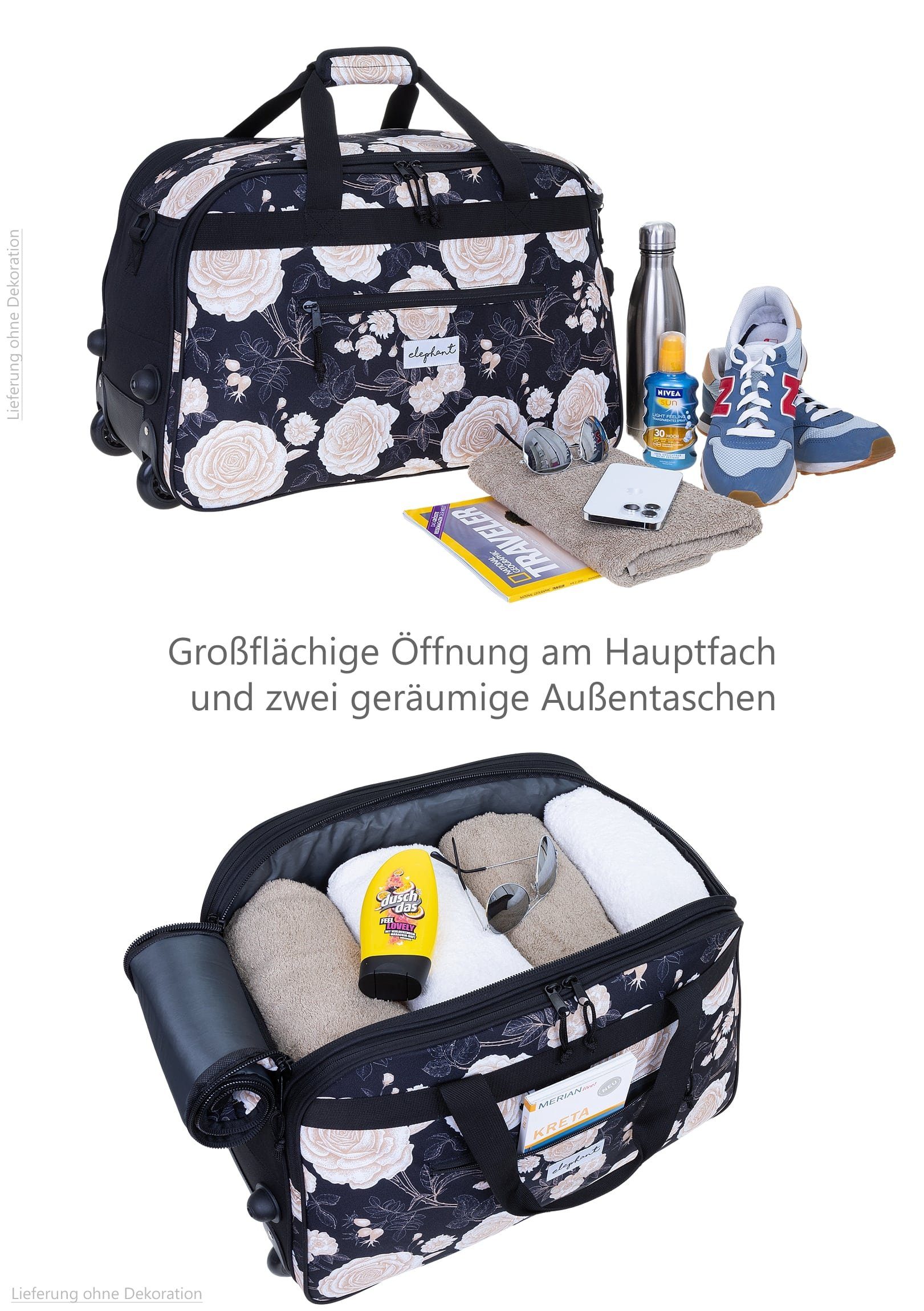 ELEPHANT Trolley Reisetasche Damen Duffle Bag Travel Reisetrolley 55 cm Flower, Weekender Sauna Reise Sport Trolly Tasche Rollen – Bild 4 von 5