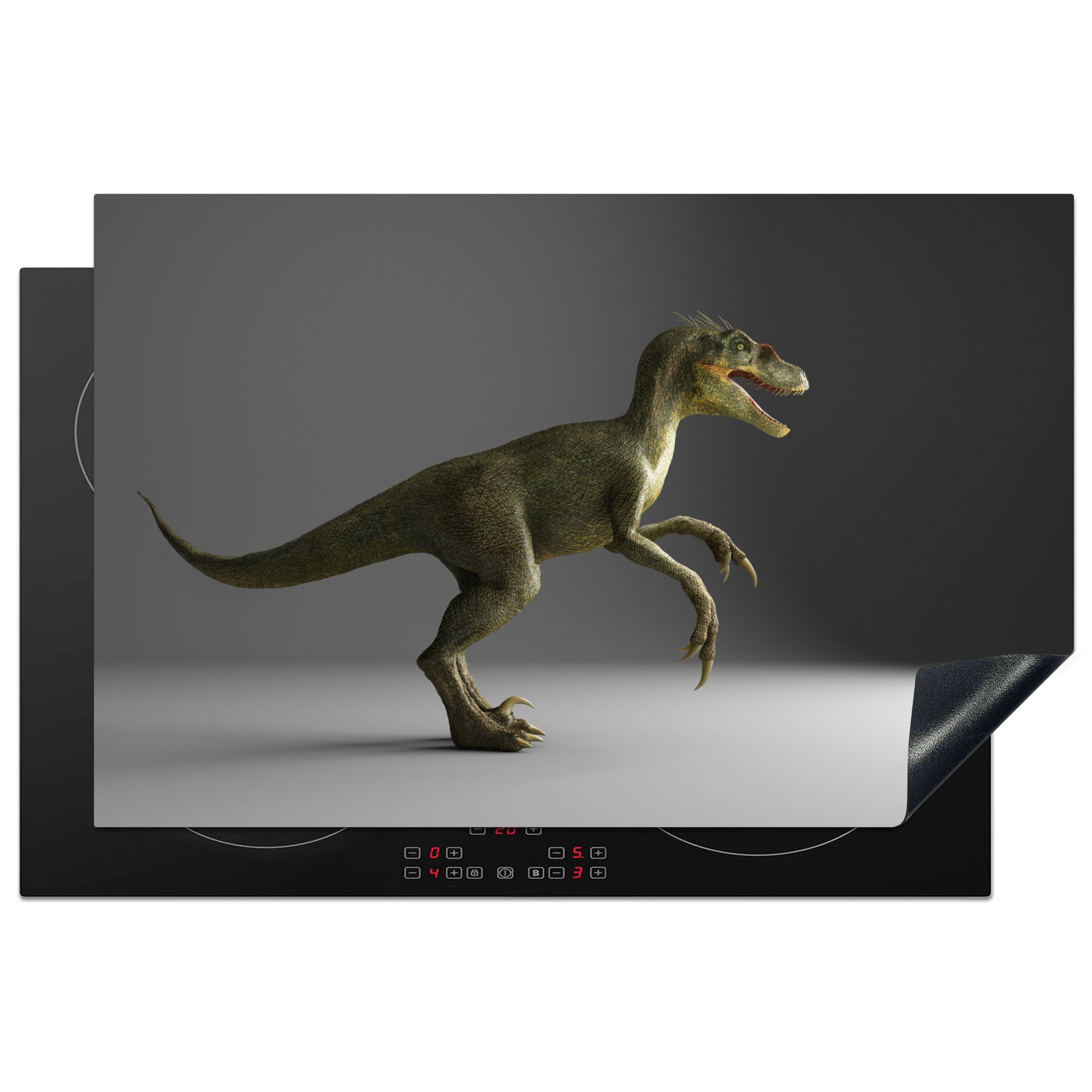 MuchoWow Herdblende-/Abdeckplatte Velociraptor - Dinosaurier - Grau, Vinyl, (1 tlg), 81x52 cm, Induktionskochfeld Schutz für die küche, Ceranfeldabdeckung