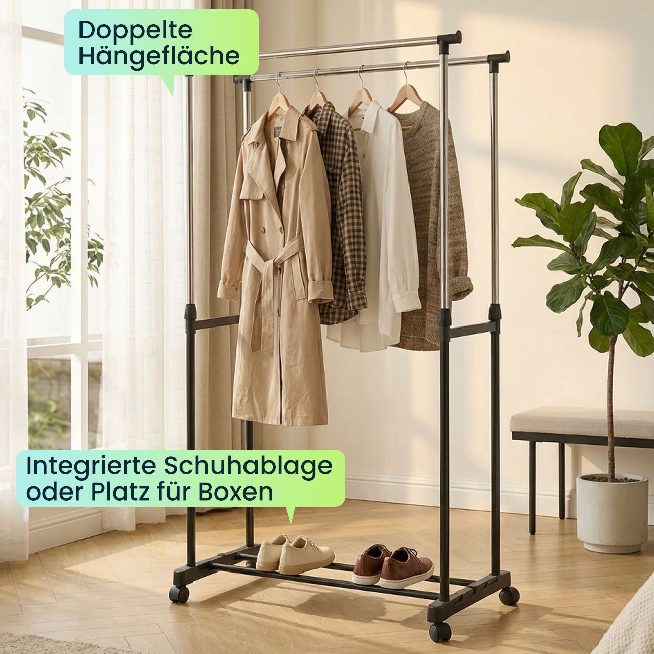 shop'n smile ideoon Kleiderständer Mobiler Kleiderständer Doppelstange B 80 cm Höhenverstellbar 90-160cm, Fahrbare Doppel-Kleiderstange, mit Schuhablage, 80 x 9 – Bild 5 von 5