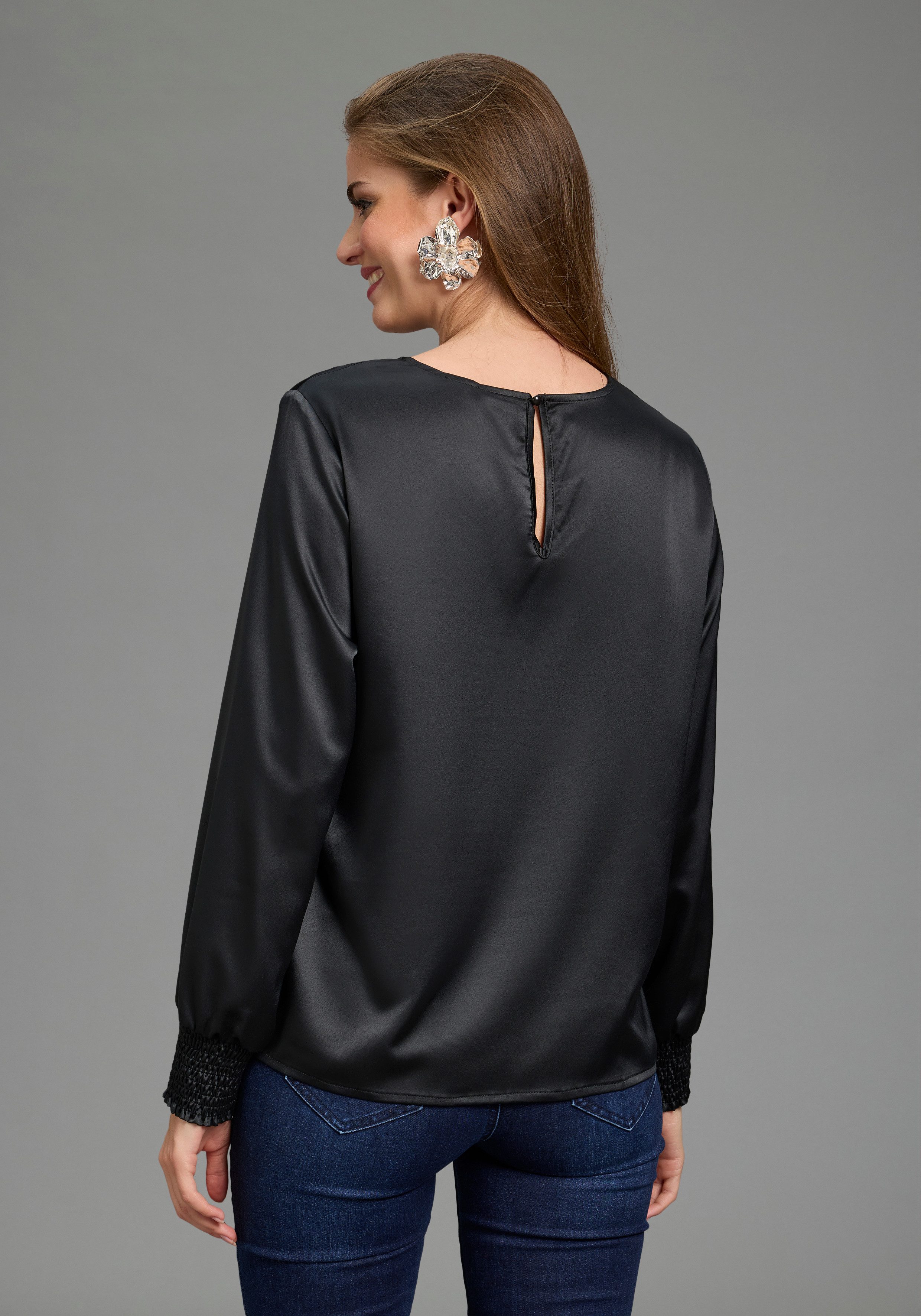 Laura Scott Schlupfbluse Festliche Satin-Bluse, Elastikbündchen am Ärmel, glänzender Stoff – Bild 2 von 5