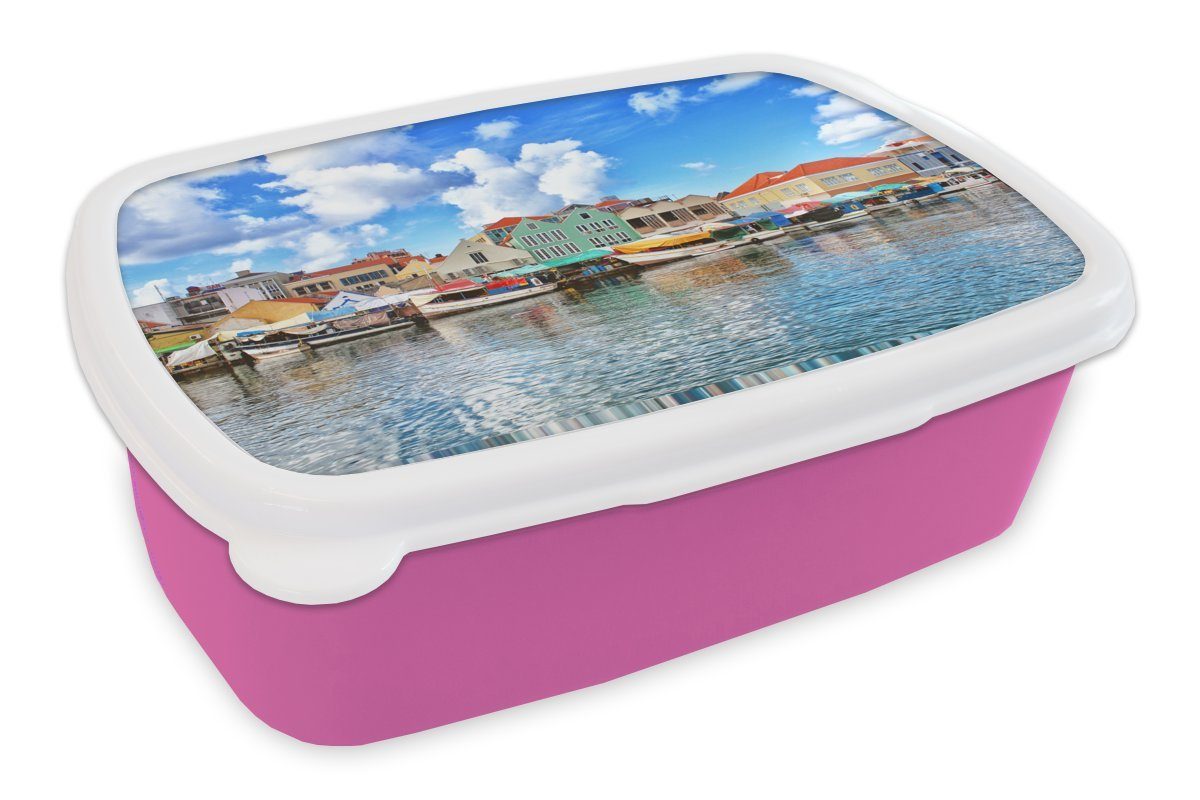 MuchoWow Lunchbox Häuser an der Küste von Willemstad, Curacao, Kunststoff, (2-tlg), Brotbox für Erwachsene, Brotdose Kinder, Snackbox, Mädchen, Kunststoff rosa