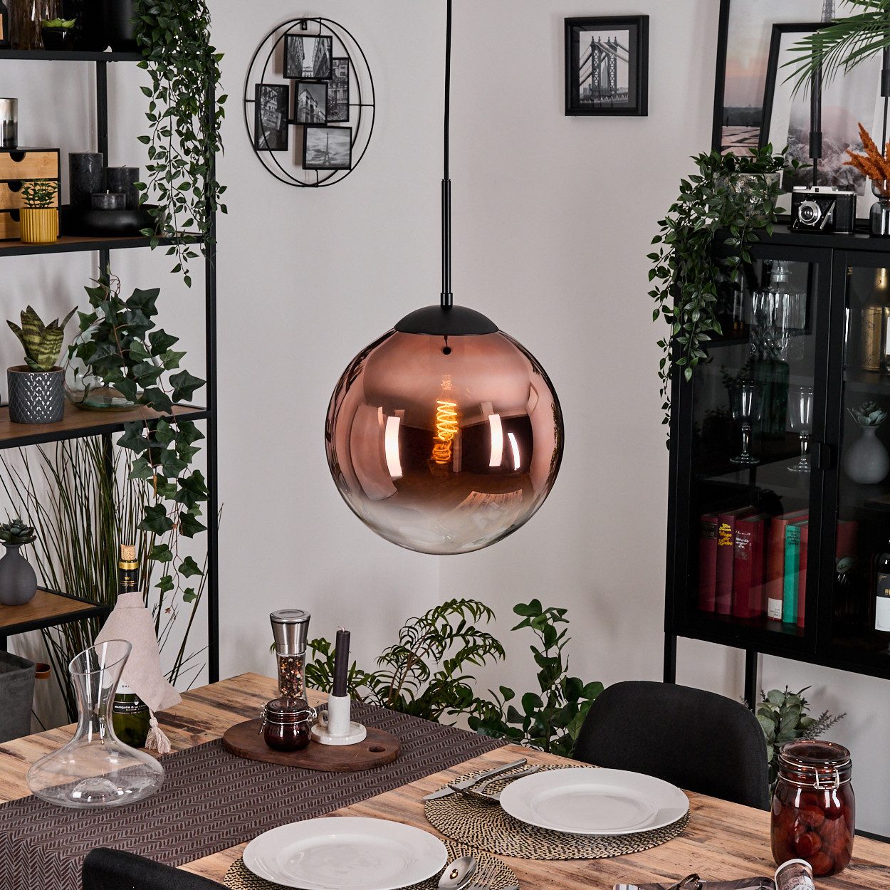hofstein Hängeleuchte Hängelampe aus Metall/Glas in Schwarz/Kupferfarben/Klar, ohne Leuchtmittel, Hängeleuchte im Retro/Vintage-Design (30 cm), E27, max. 130 cm