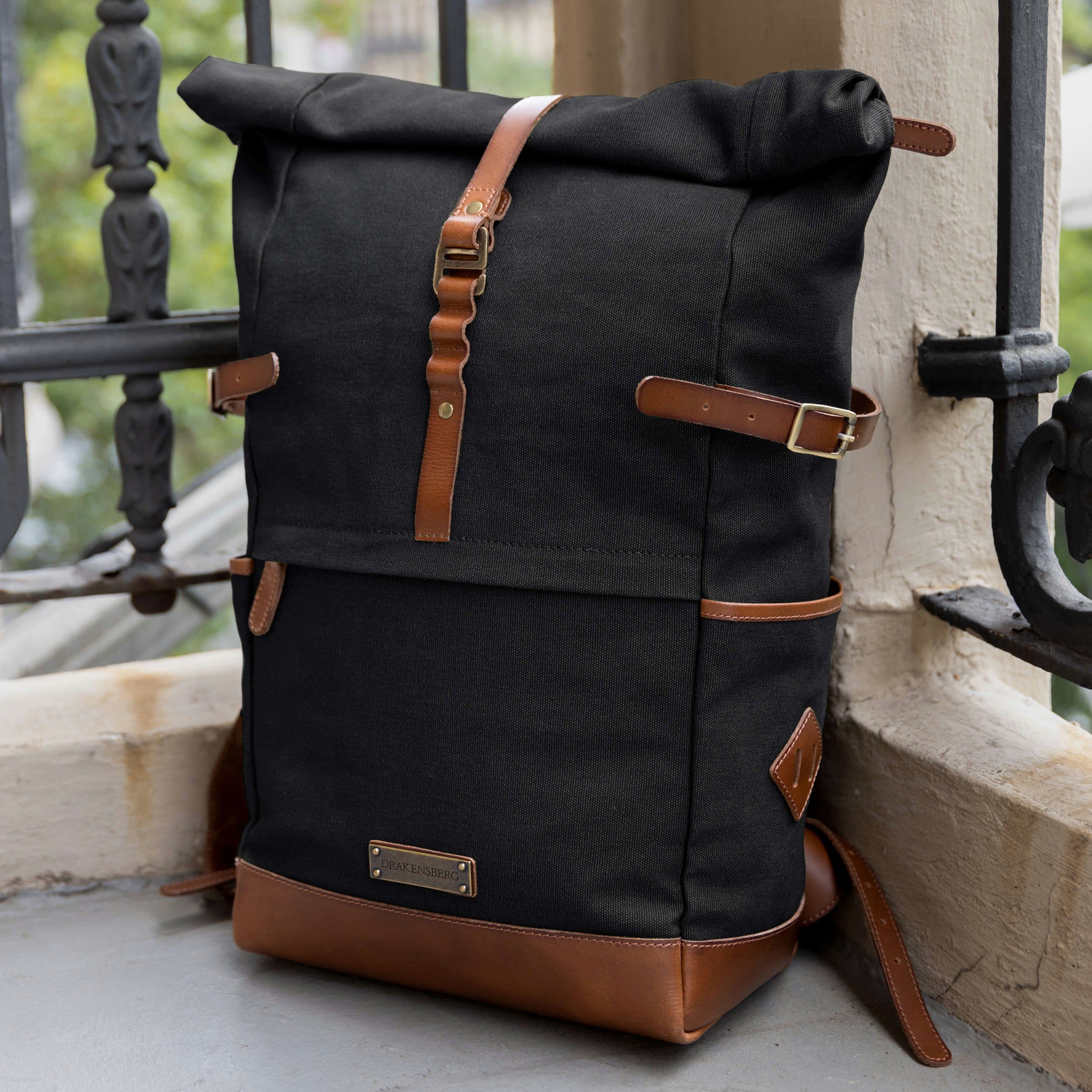 DRAKENSBERG Rucksack Roll-Top »Wyatt« Schwarz, Outdoor-Rucksack aus imprägniertem Canvas mit Leder, 15" Laptopfach