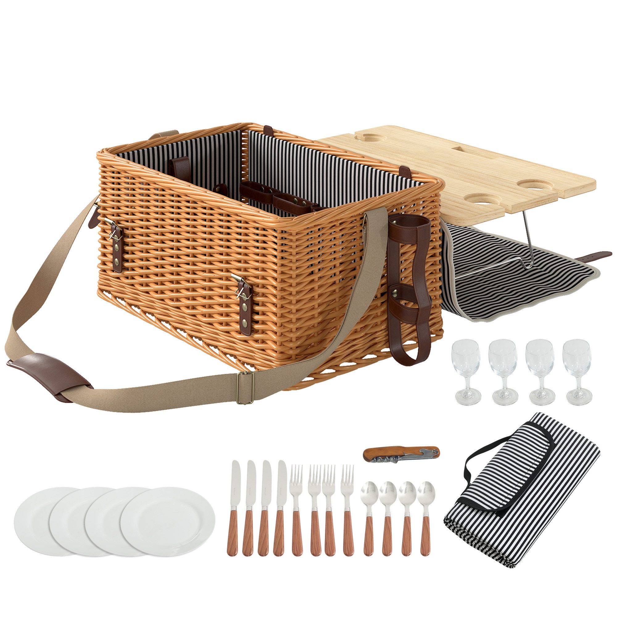 Outsunny Picknickkorb mit Picknickdecke, Besteck Set, günstig online kaufen