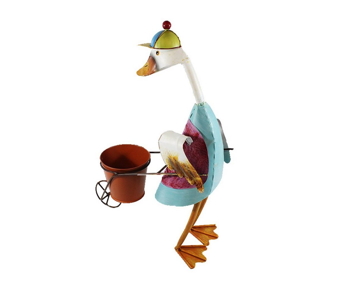Thumbnail - colourliving Pflanzkübel Dekofigur Ente Rennkarre Jockey-Mütze Pflanztopf Metall Gartenfigur, Pflanztopf, Entenfigur, Bl...