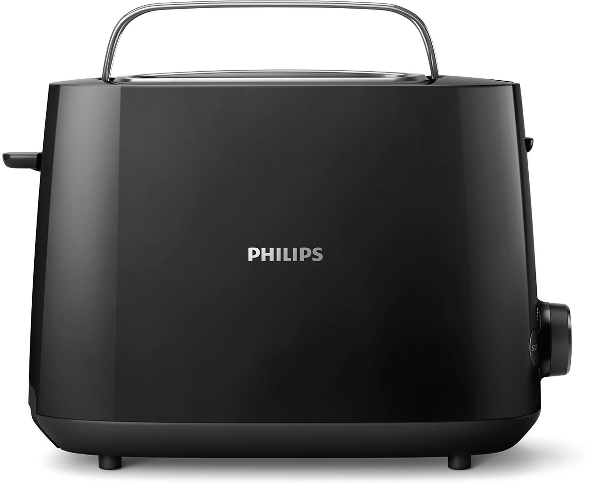Philips Toaster HD2581/90 Daily Collection, 2 kurze Schlitze, für 2 Scheiben, 830 W, Brötchenaufsatz, Krümelschublade, 8 Bräunungsstufen, Schwarz