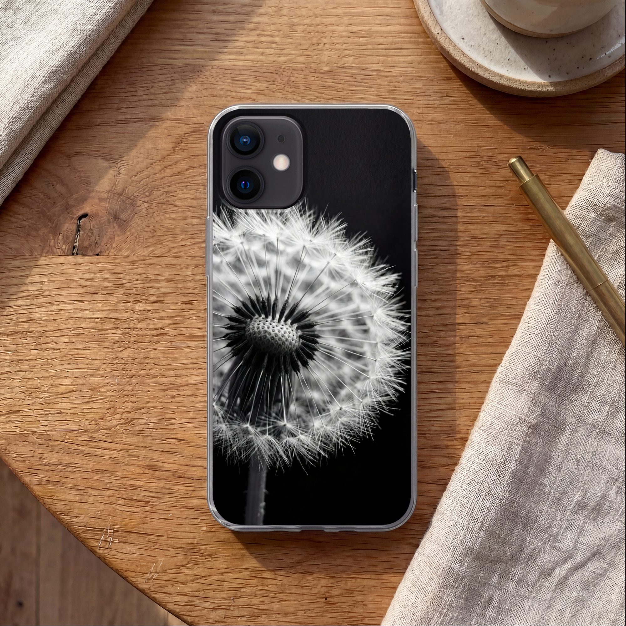 MuchoWow Handyhülle für Apple iPhone 12 Pusteblume - Schwarz - Weiß, Smartphone-Bumper, Print, Handy Schutzhülle Dünn