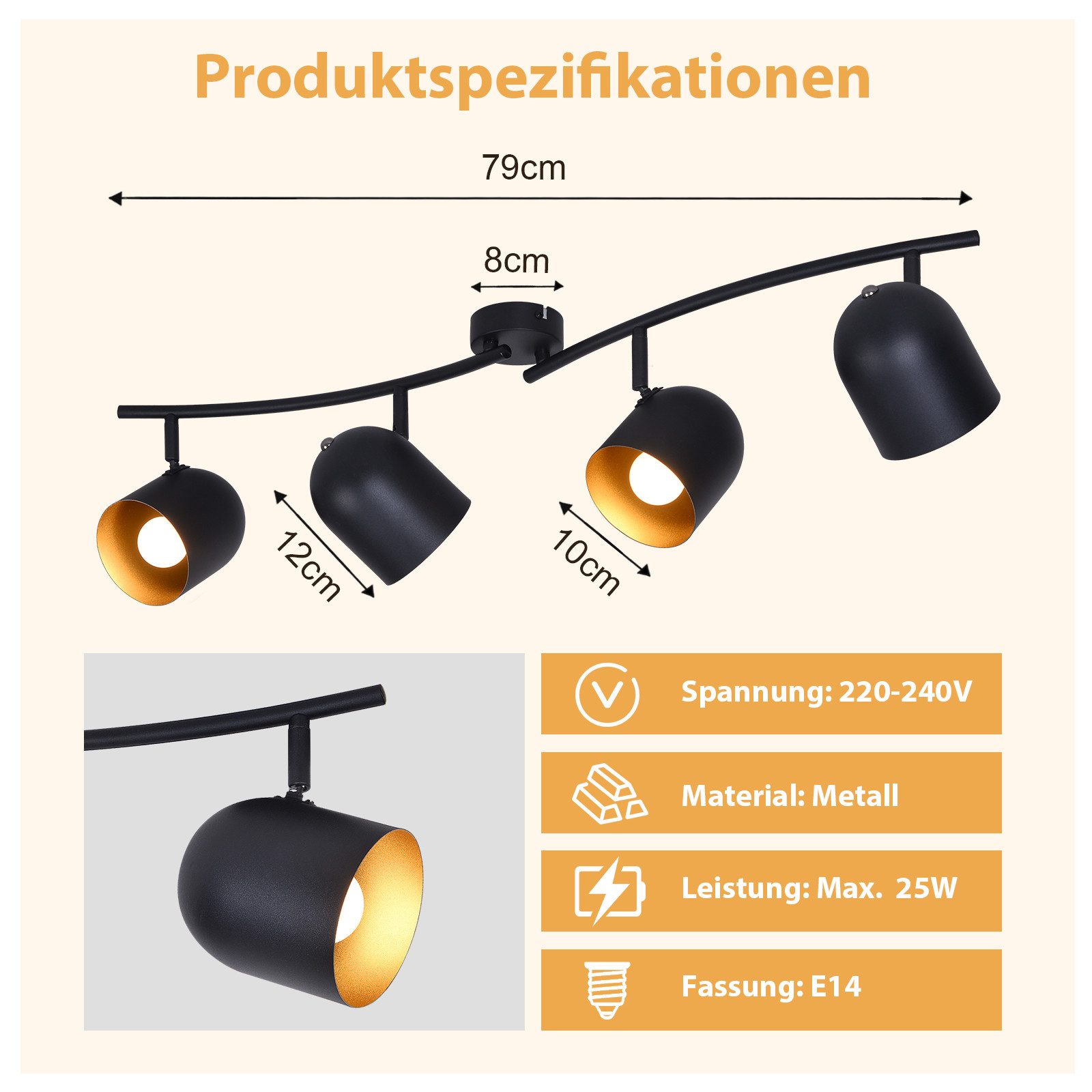 ZMH Deckenstrahler 2/3/4 Flammig-Schwarzgold E14 Deckenlampe 350° Drehbar Wohnzimmer, Einfache Installation, ohne Leuchtmittel, Vertikale Drehung 90° Wandstrahler für Eingang Flur