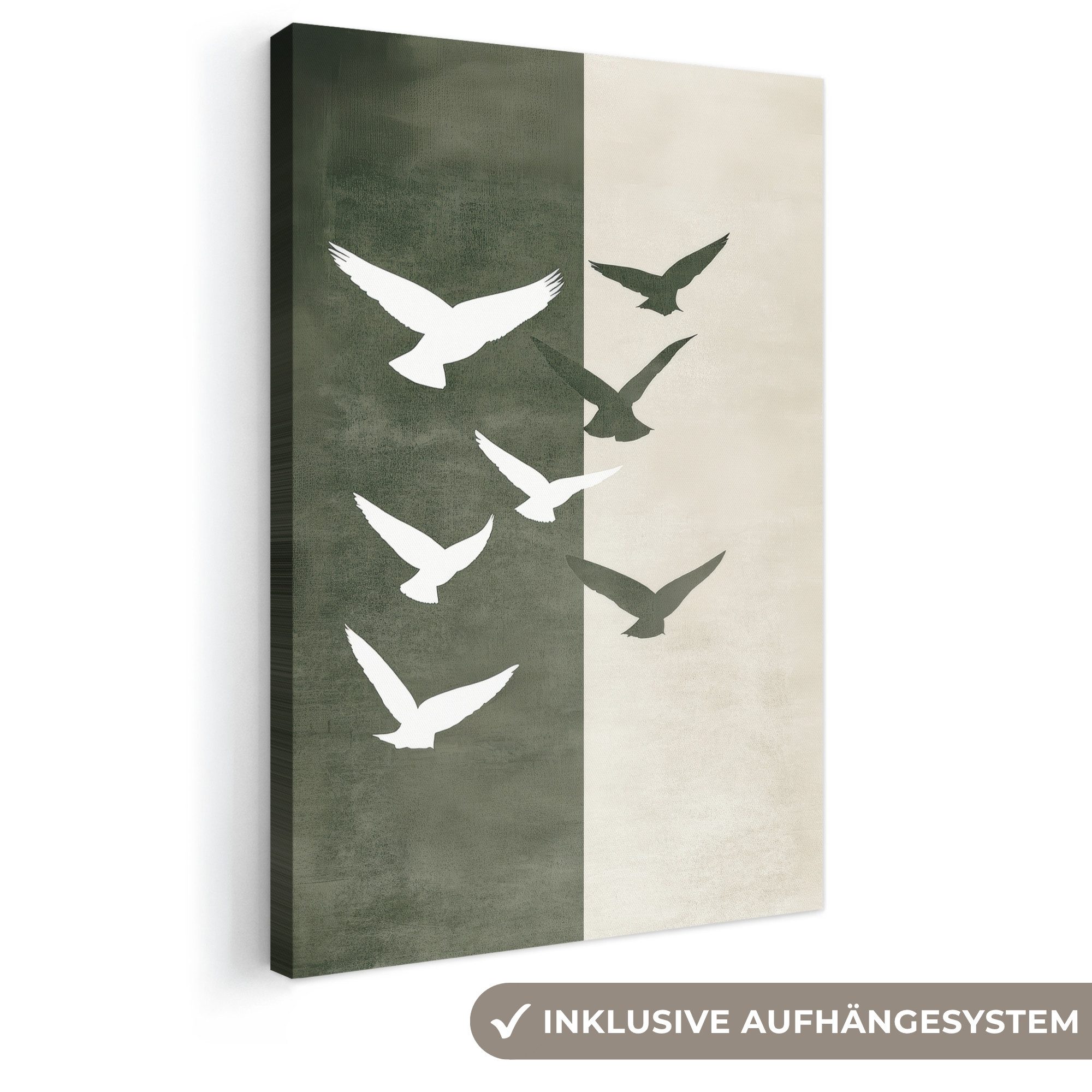 OneMillionCanvasses® Leinwandbild Japandi - Vogel - Grün, Fotodruck (1 St), Leinwand Canvas Wandbild, Wanddekoration 20x30 cm