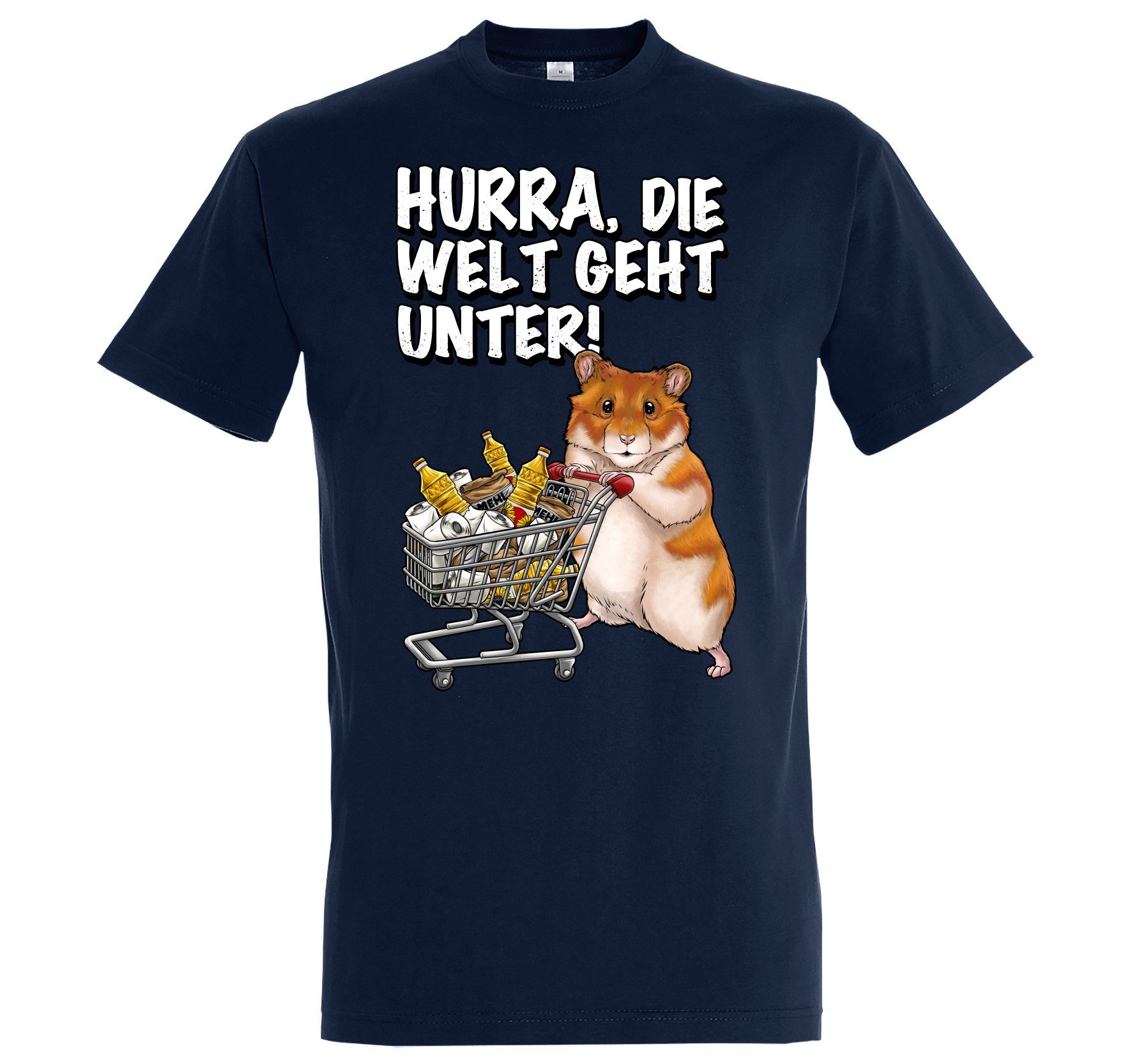 Hamster Welt Print-Shirt Print Die mit Hurra Geht Spruch T-Shirt Youth lustigem Unter Navyblau Herren Designz