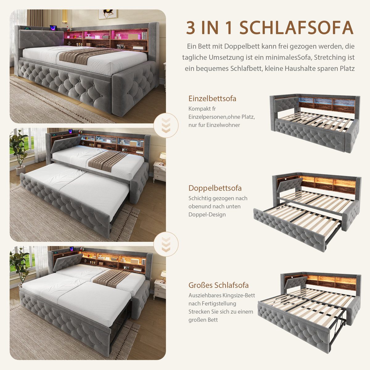 Odikalo Schlafsofa Schlafcouch 90x190 mit LED USB Type-C & Stauraum-Armlehne, Bettgestell ausziehbar, Samt, Sofa mit Holz-Kopfteil Ablage, Lattenrost, für Wohnz – Bild 3 von 5