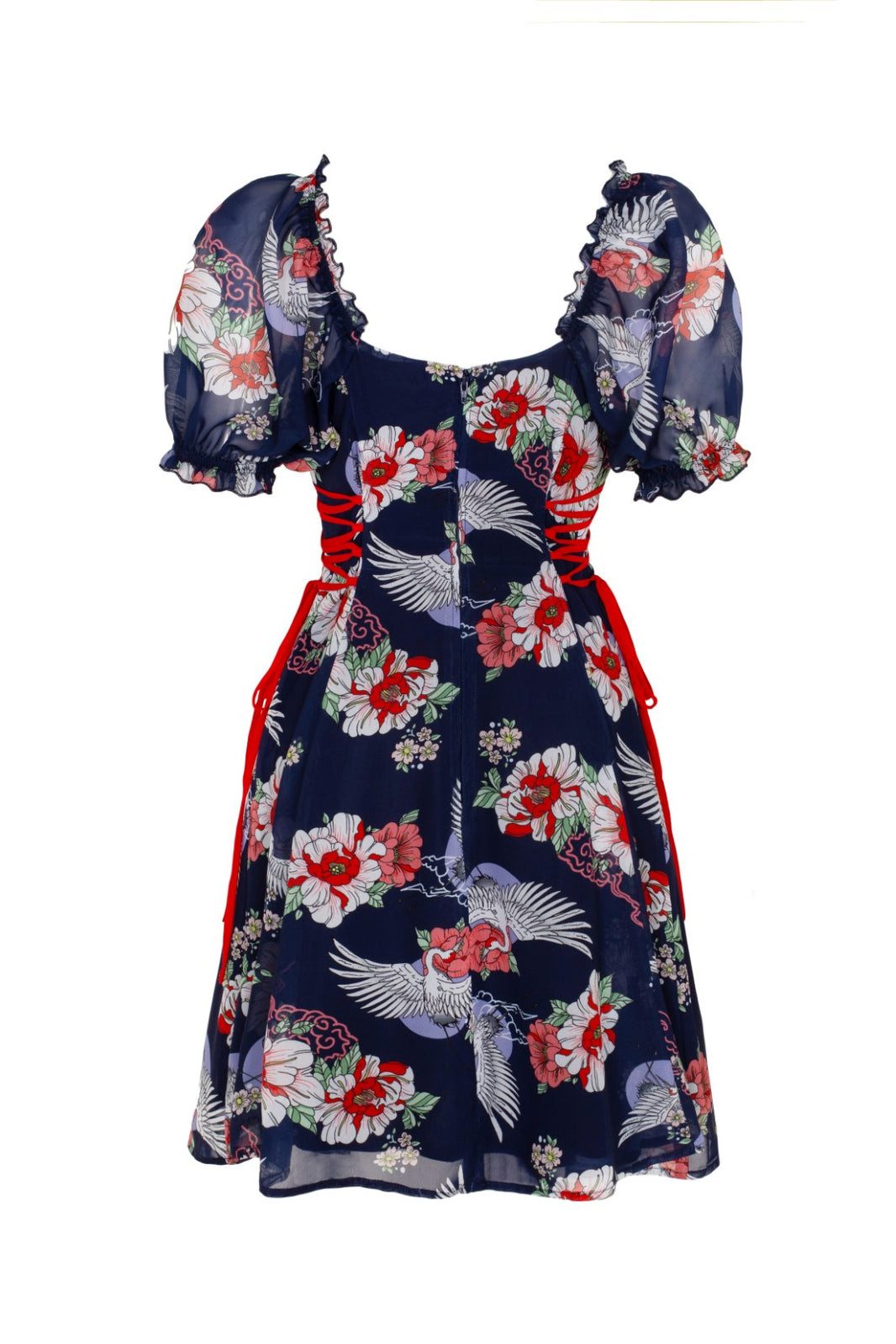 Hell Bunny Minikleid Misa Vintage Sommerkleid Schnürung Vögel Blumen Chiffon