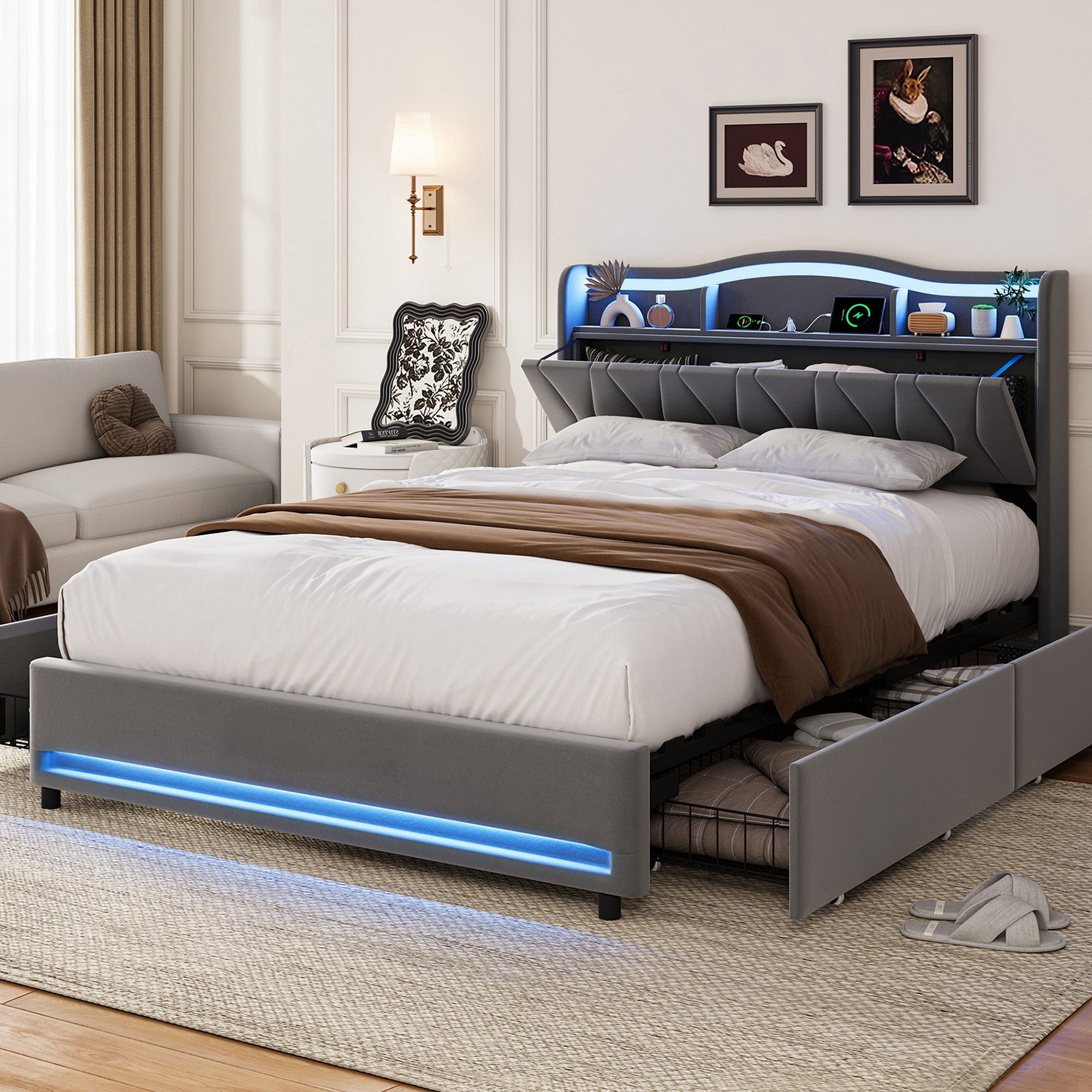 ADWOLT Stauraumbett Polsterbett Doppelbett Mit Schubladen (Packung, 1-tlg), 140x200 cm,Mit LED-Licht und USB,4 Schubladen,Samt - Grau