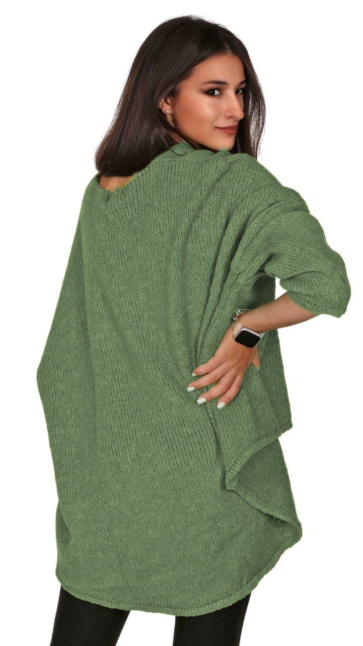 Charis lang Moda hinten Oversized kurz im Olive V-​Ausschnitt Strickpullover vorne Look