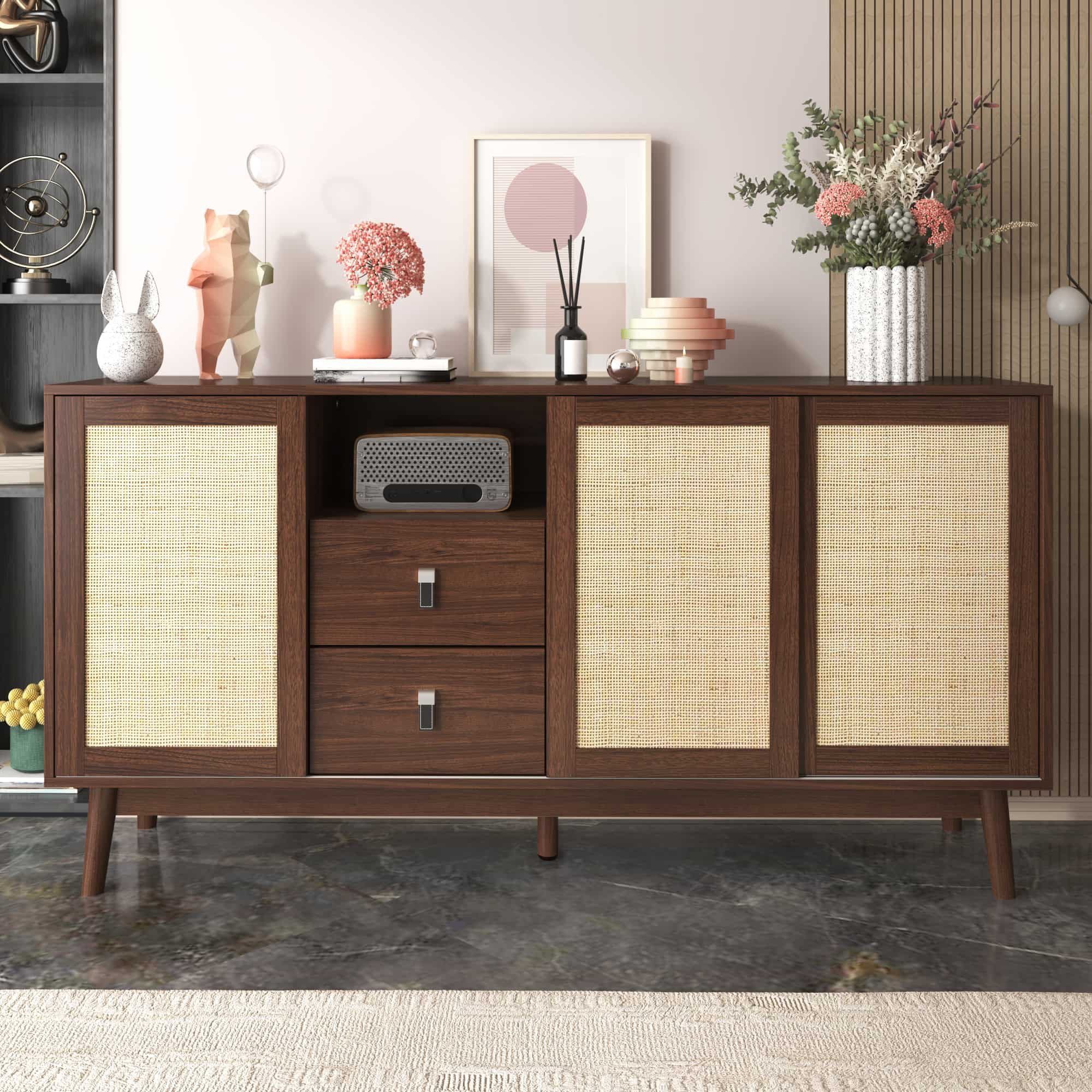 BBWL Sideboard Modernes Sideboard mit 3 Rattan-Schiebetüren und 2 Schubladen (155x38x80 cm atmungsaktives Wohnzimmermöbel aus MDF/Spanplatte mit Massivholzfüßen und Aluminium-Leder-Griffen praktischer Stauraum für Wohn- und Essbereich)