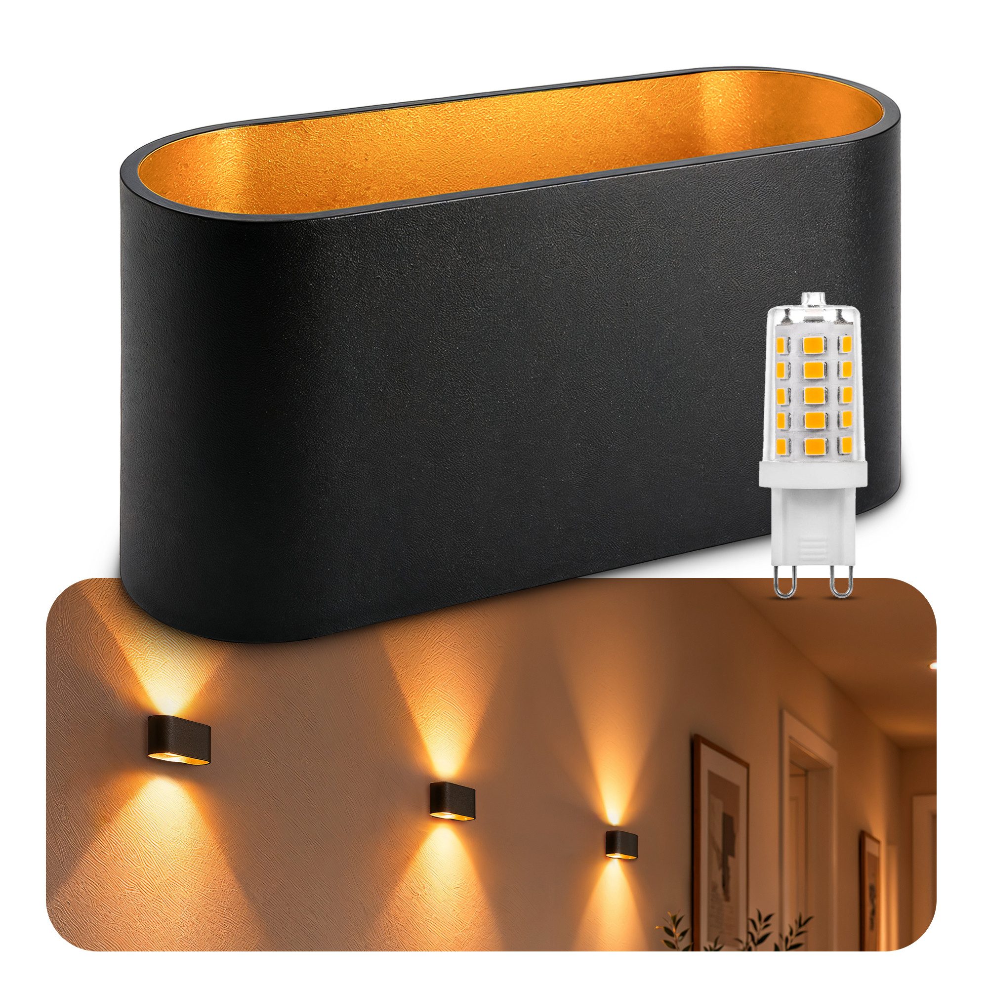 SSC-LUXon LED Wandleuchte Wandleuchte JOBERO schwarz gold Up Down mit G9 LED warmweiß, Warmweiß