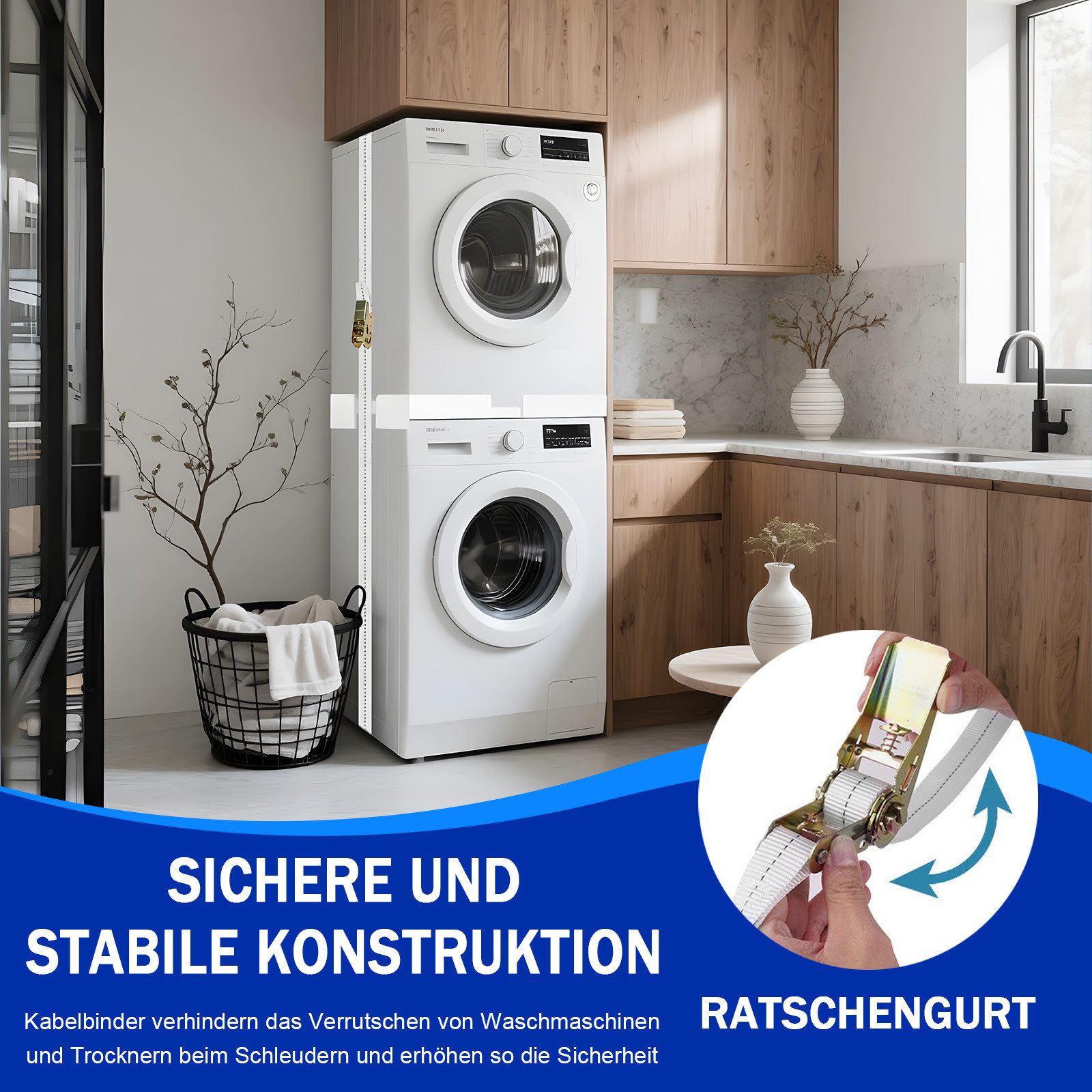 AKKEE Zwischenbaurahmen Universeller für Waschmaschine & Trockner, verstellbar (8 Antirutschmatten, Belastbarkeit 100 kg), 46-66cm, mit Ratschenseil