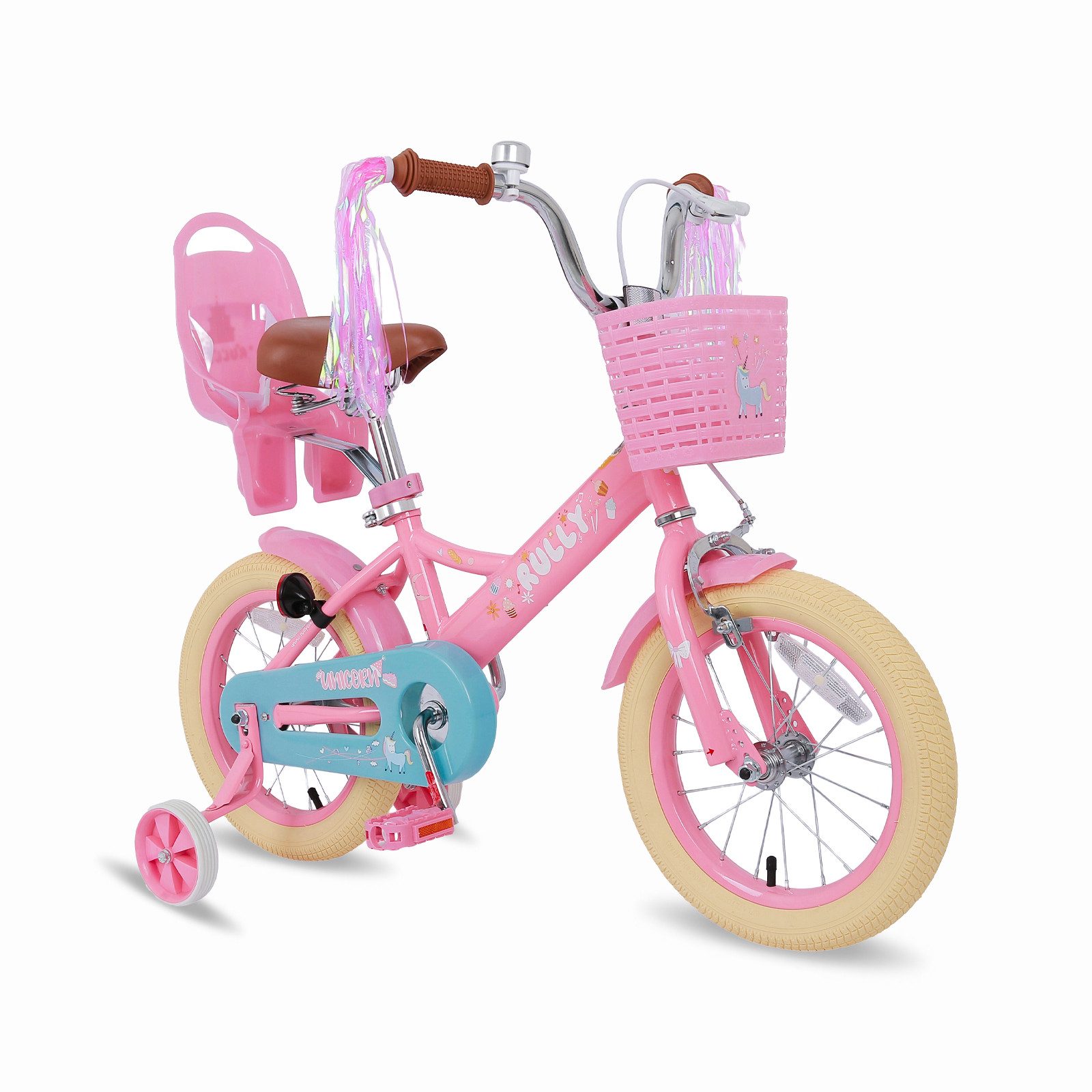 RULLY Kinderfahrrad Kinderfahrrad Mädchen 12/14/16 Zoll für 2–7 Jahre mit Stützrädern, 1 Gang, Mit Korb, Puppensitz, Stützrädern, Schutzblechen & Glocke