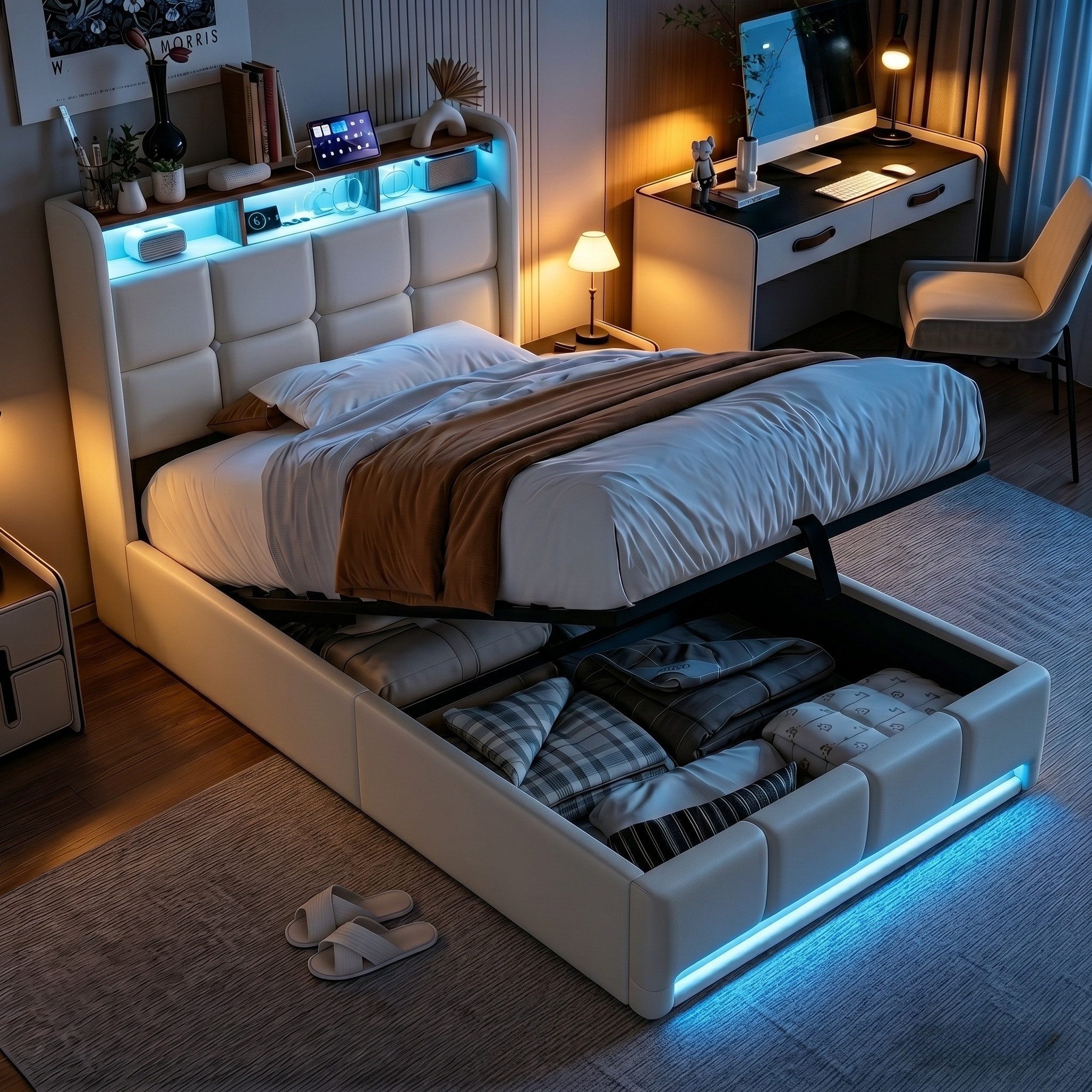 Furnishings Home Polsterbett LED Doppelbett 140x200cm, Stauraumbett mit Kopfteil und 4 Schubladen (Leinenmaterial Polsterbett mit RGB Beleuchtung), mit Lattenrost und Ladefunktion, mit Komforthöhe, Leises Design Bett