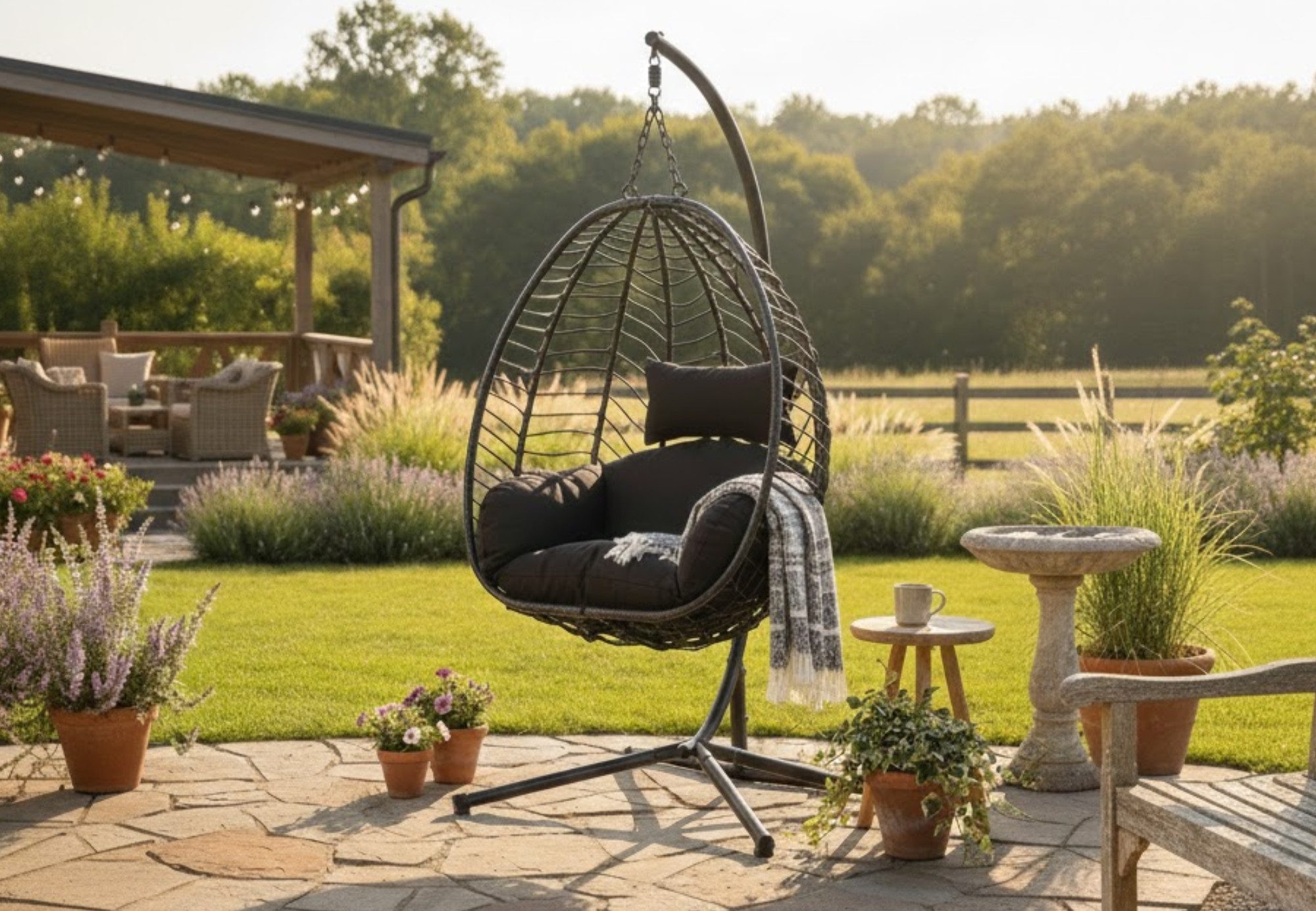 Home Collective Hängesessel Hängestuhl mit Gestell höhenverstellbar ideal für Garten und Balkon, inkl. extra dicke Sitzpolster Schaukelsessel Indoor & Outdoor