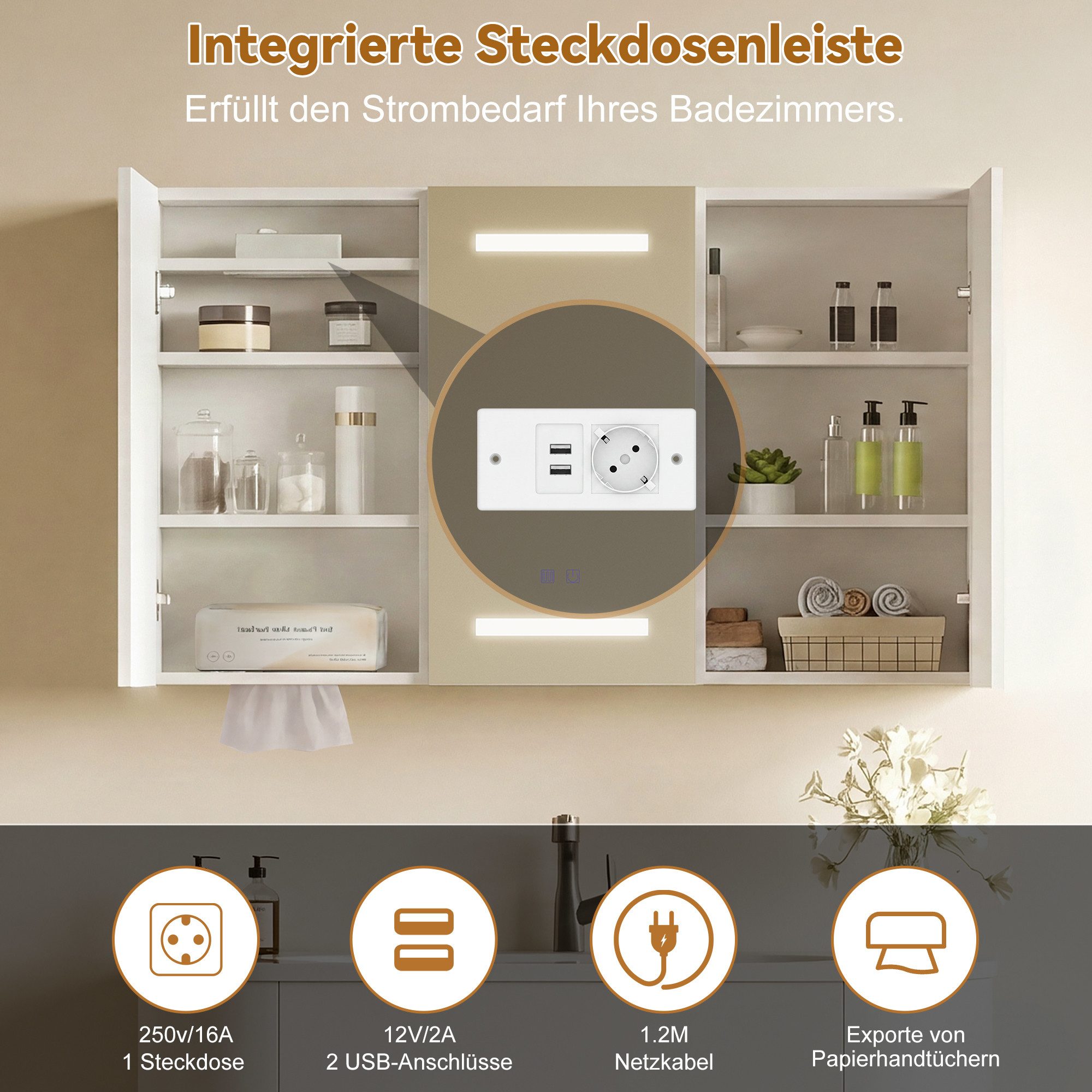 Furnishings Home Spiegelschrank Mit beleuchtung Badezimmerschrank Wandschrank (Einstellung der warmen und kalten Farbtemperatur 3000/4500/6400K) inkl. Steckdosen, LED-Beleuchtung, Touchschalter, Antibeschlagfunktion