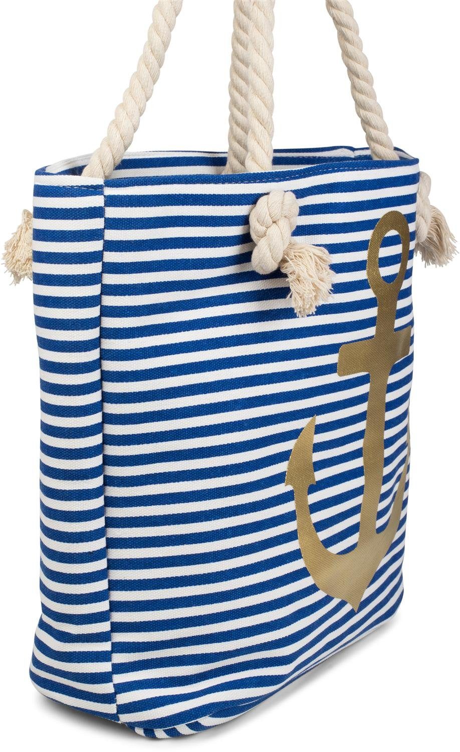styleBREAKER Strandtasche (1-tlg), Strandtasche mit Streifen Anker Gold Blau-Weiß / und