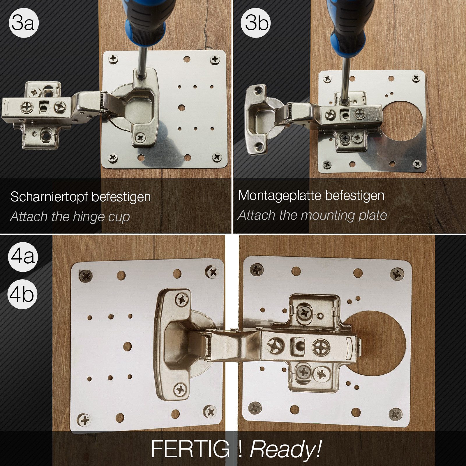 SO-TECH® Möbelbeschlag Topfband Reparaturplatten Edelstahl 90 x 90 x 0,53 mm (4 St), Reparaturset für Topfbänder mit Ø35 mm, Schrankscharnier Top – Bild 5 von 5