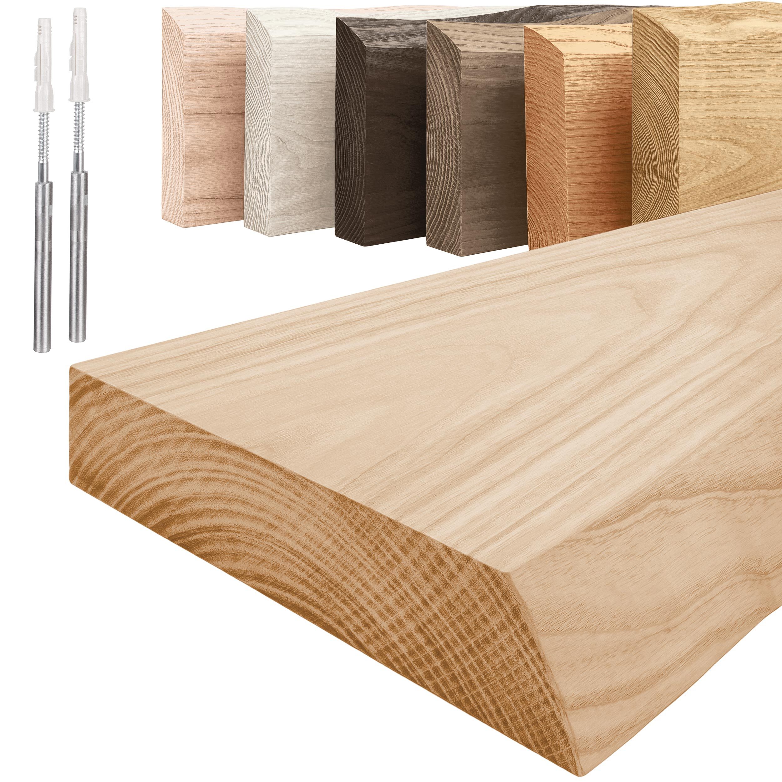 LAMO Manufaktur Wandregal Holz Baumkante, Regal Farbe: Natur, Invisible: Schweberegal, 40 cm, Komplett-Set, 40mm stake Massivholzplatte