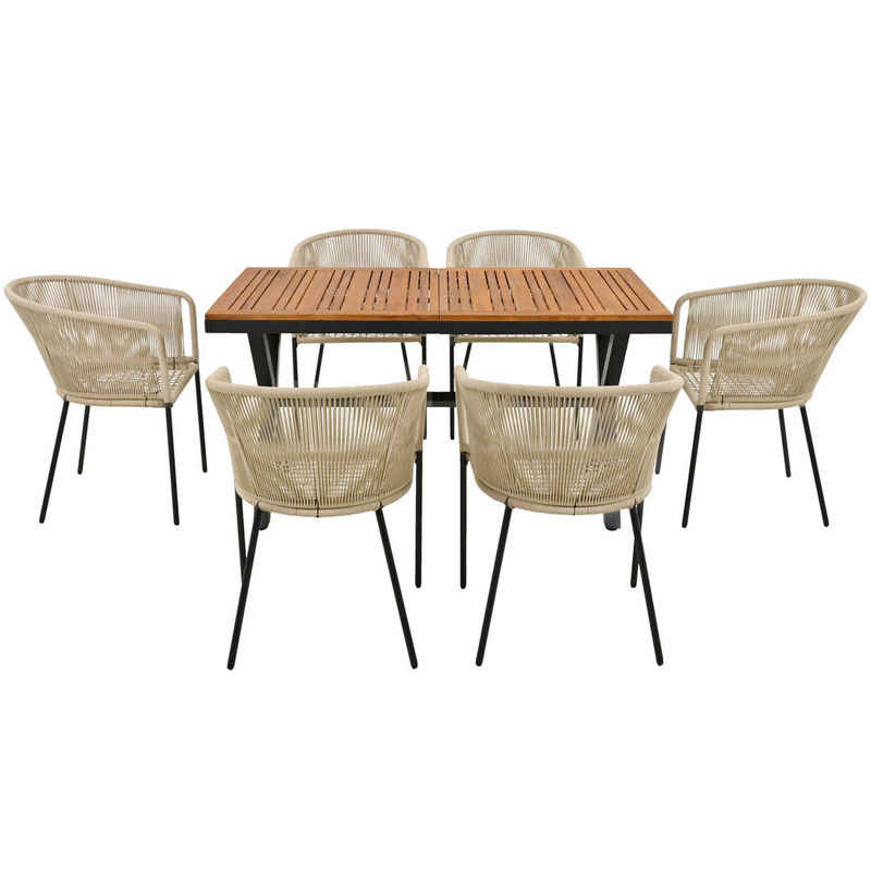 Tongtong Garten-Essgruppe Tisch aus Akazienholz, Mit Fußpolstern und sechs Sitzkissen, (7-tlg, Garten-Lounge-Set aus Seil, 6 Sessel und 1 Tisch), abnehmbar und waschbar