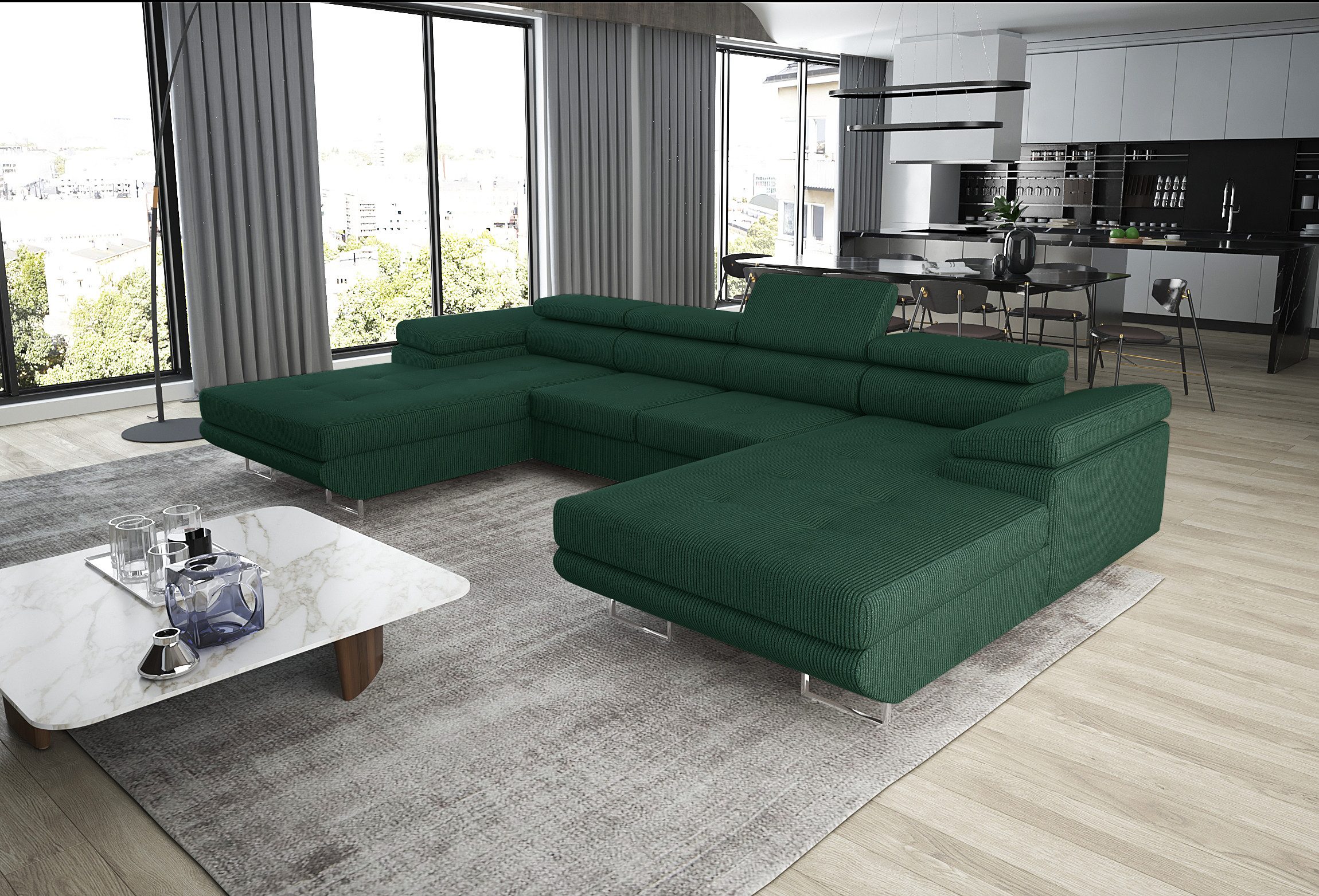 thematys Ecksofa ALVARO U 355 x 162cm mit Schlaffunktion & Bettkasten –, U-Sofa mit verstellbaren Kopfstützen, Samt (Monolotith), oder Cord (Poso) - U-Form, XL-Wohnlandschaft, 355 cm breit