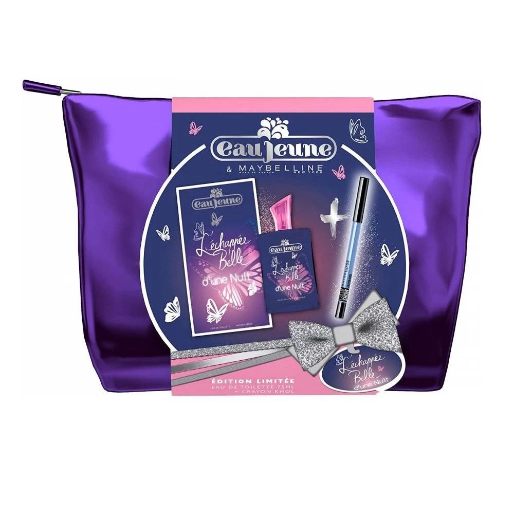 MAYBELLINE NEW YORK L'Echappée Belle d'Une Nuit Eau de Toilette 75ml Eau Jeune + Pflegeset (Eyeliner Colorshow Beauty Blue Maybelline, [3-St. Inkl. Make Up Tasche 3 teilig Geschenk Damenduft Duft Eyeliner Make up Schminke)