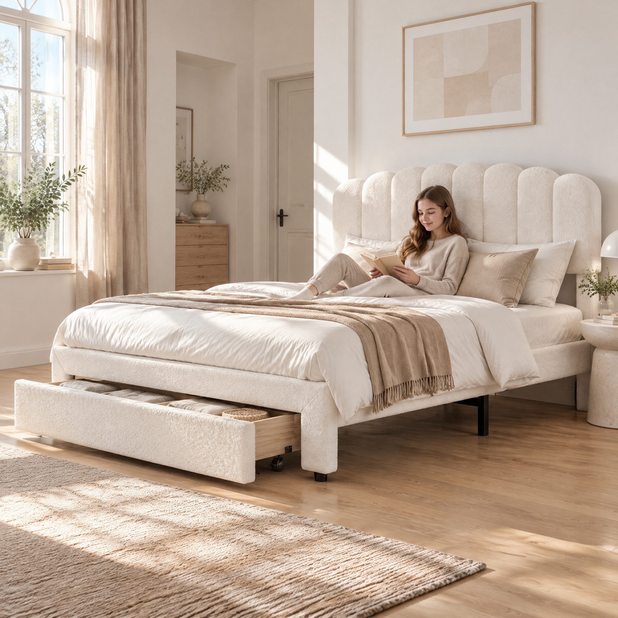 Simurq Polsterbett bett 140x200 cm mit Schublade,USB & Type-C,höhenverstellbares Kopfteil (2 Pakete,belastbar bis 250 kg, Stauraumbett 140x200 cm in Cremeweiß m – Bild 3 von 5