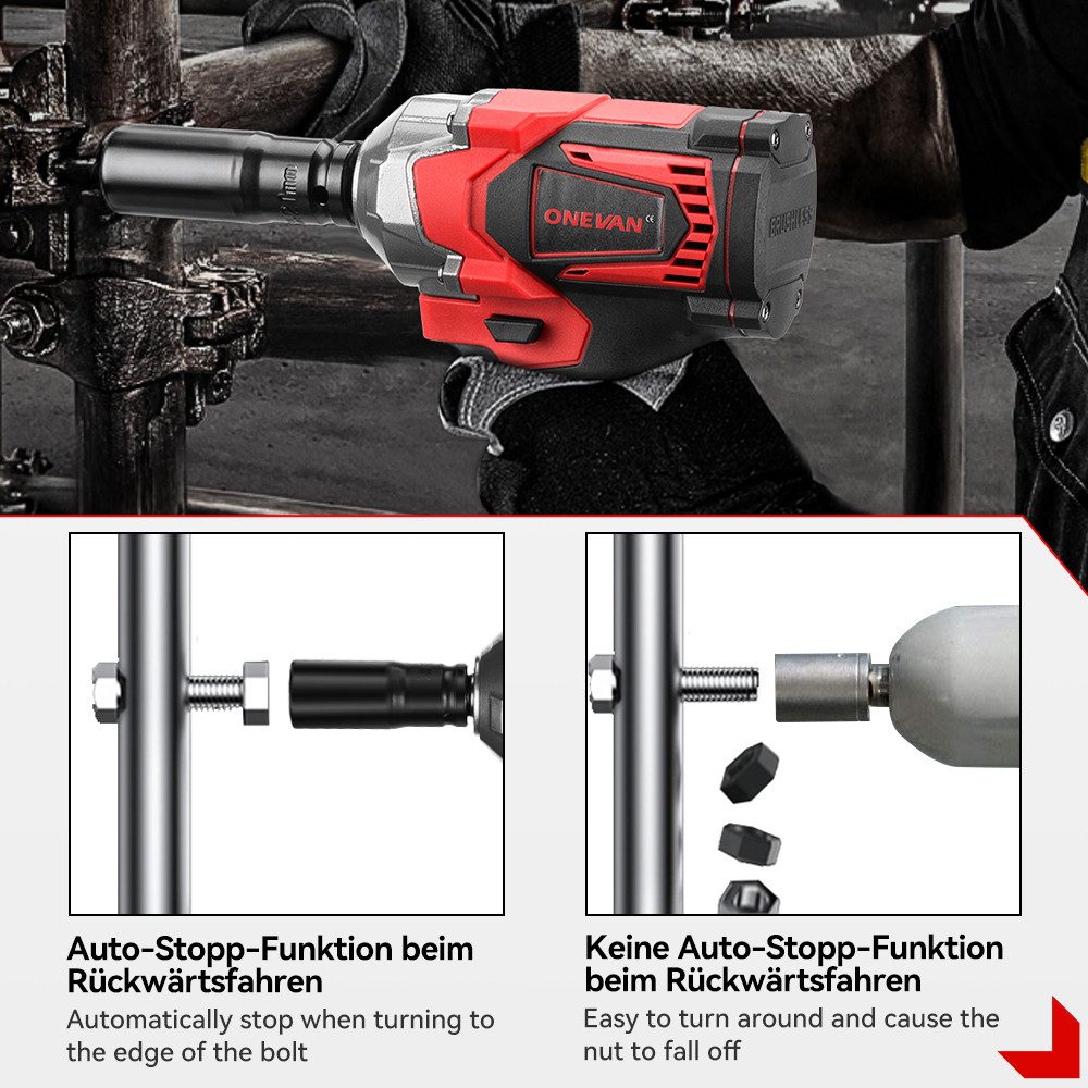 ONEVAN Akku-Schlagschrauber 950Nm Bürstenloser 1/2” Elektrischer Schlagschrauber, 6700,00 U/min, mit 2x Akku Für Schraube und Mutter Auto