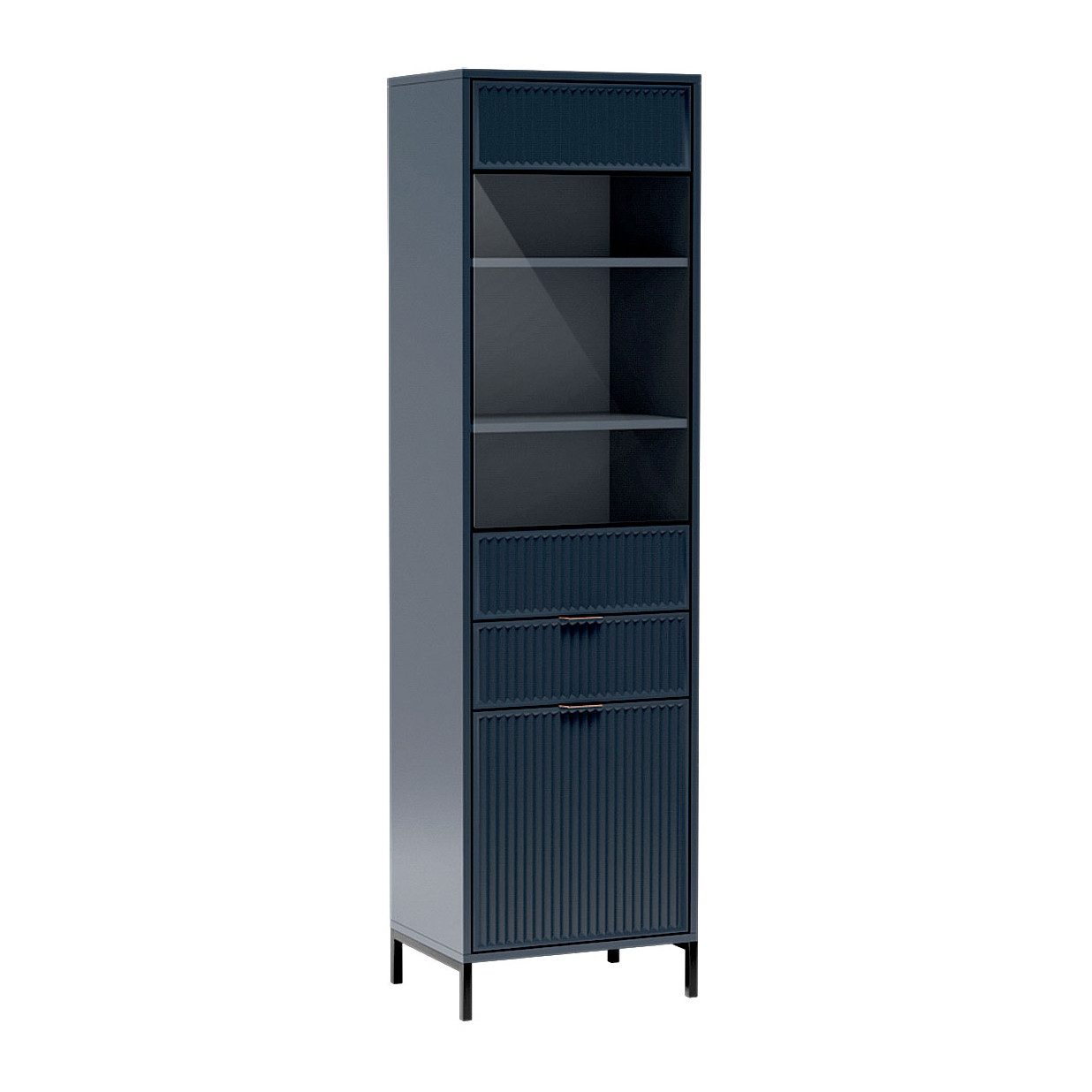 Beautysofa Vitrine LINNA LS‑5 – freistehende Vitrine mit Glastüren und einer Schublade 54 cm breit – in Indigo, Cashmere oder Green Stone