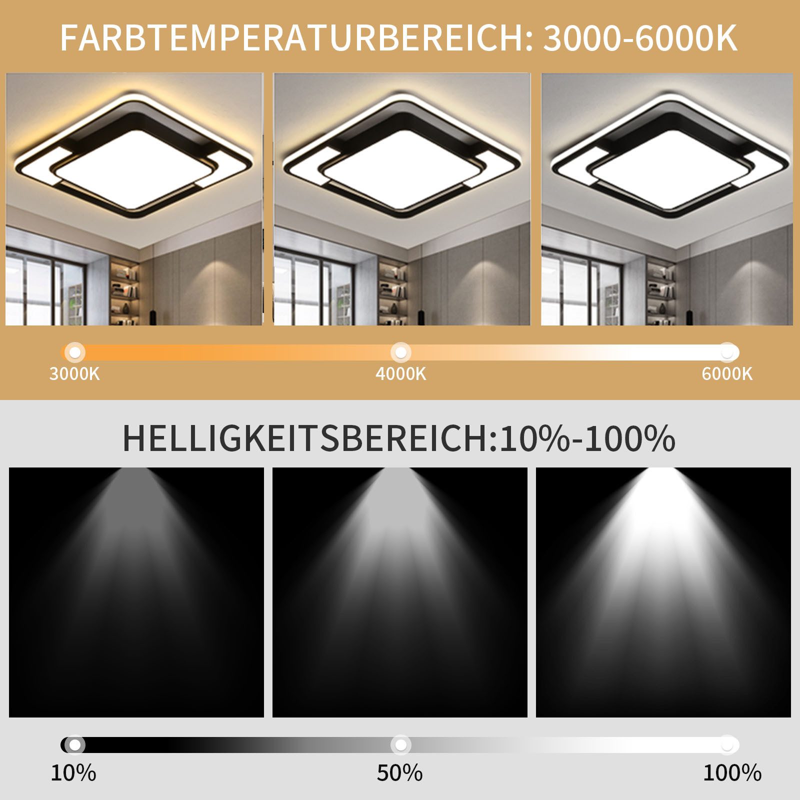 style home Deckenleuchte LED Deckenlampe dimmbar mit Fernbedienung, 90W-Ø42cm, Warmweiß bis Kaltweiß 3000K-6000K, quadratisch 42x6 cm, Schwarz, für Wohnzimmer Büro