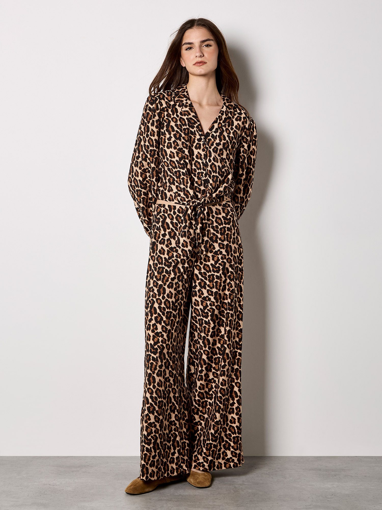 Apricot Stoffhose Weite Hose mit Leopardenmuster