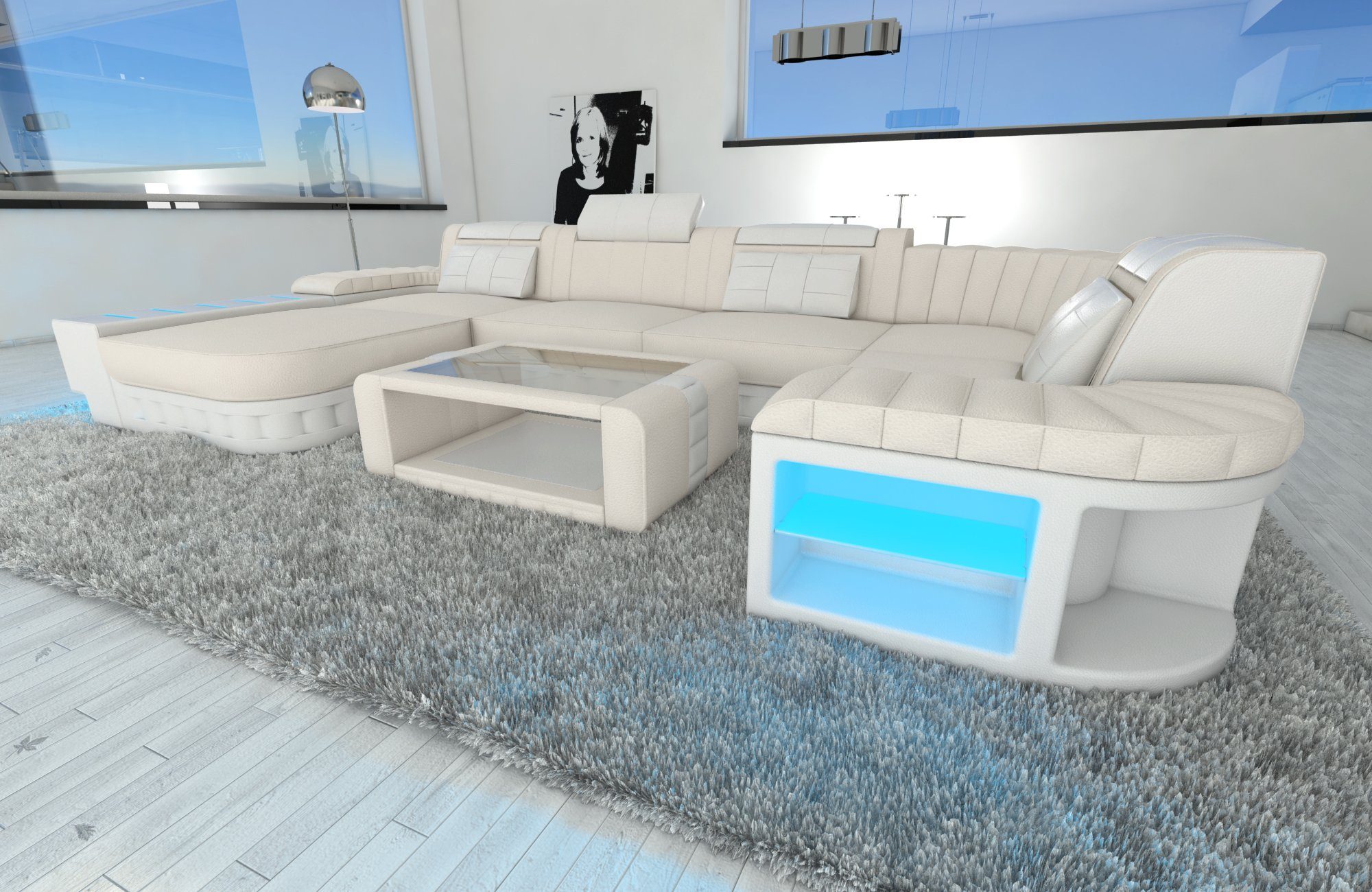 Dreams Form Couch, LED, Wohnlandschaft Polster wahlweise mit Stoffsofa Bellagio Designersofa U Schlafsofa, Elfenbein-Weiss mit Sofa C86 Stoff Bettfunktion Sofa als