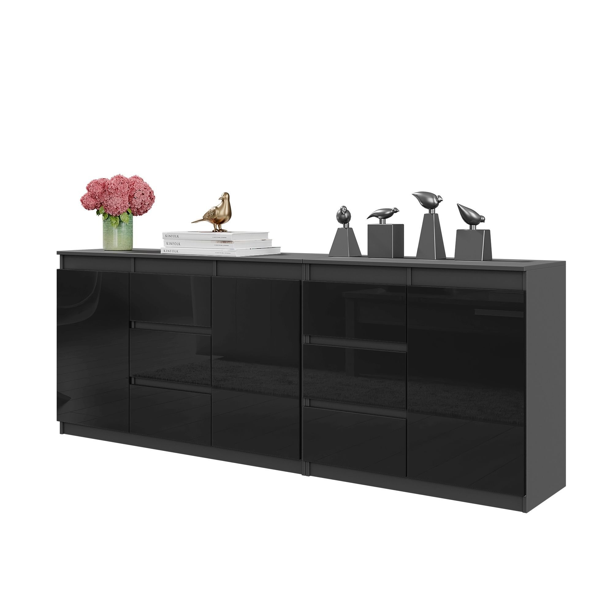 Furnica Kommode MIKEL, 6 Schubladen und 3 Türen - Anthrazit Grau H75cm B200cm T35cm